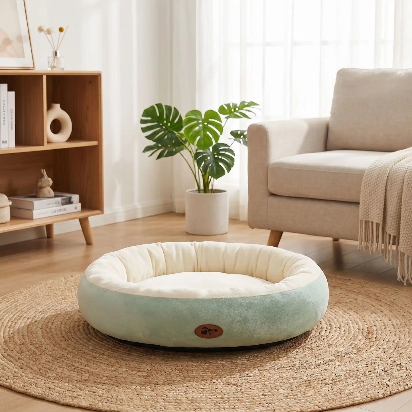 Panier-chiot-coussin-anti-stress avec rebord 360° surélevé rembourré et épais au rembourrage 100% coton haute densité lavable en machine, hypoallergénique, doux, chaud et respirant , fond antidérapant et imperméable pour chiot de petite, moyenne, grande et très grade race de 0 à 40 kilos en 5 tailles S, M, L, XL et XXL-gros plan sur le panier ovale douillet; chaud , entourant , anti-stress de couleur vert d'eau pour chiot de petit, moyenne et grande taille sur le sol du salon lifestyle cosy