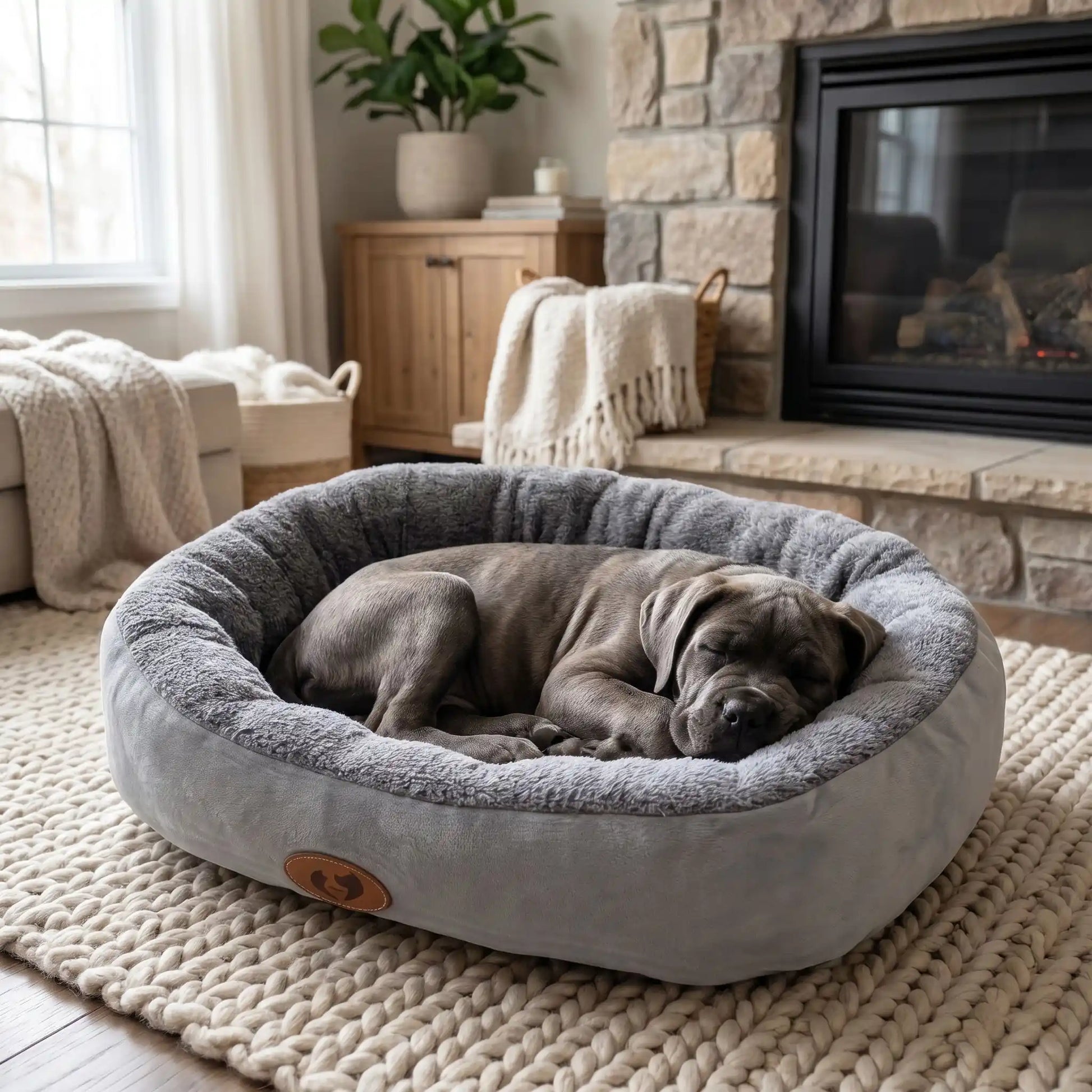 Panier-chiot-coussin-anti-stress avec rebord 360° surélevé rembourré et épais au rembourrage 100% coton haute densité lavable en machine, hypoallergénique, doux, chaud et respirant , fond antidérapant et imperméable pour chiot de petite, moyenne, grande et très grade race de 0 à 40 kilos en 5 tailles S, M, L, XL et XXL-un chiot de très grande race  qui dort paisiblement niché dans son panier à rebord ovale de couleur gris épais et rembourré pour un effet cocooning anti stress dans le salon de l'appartement