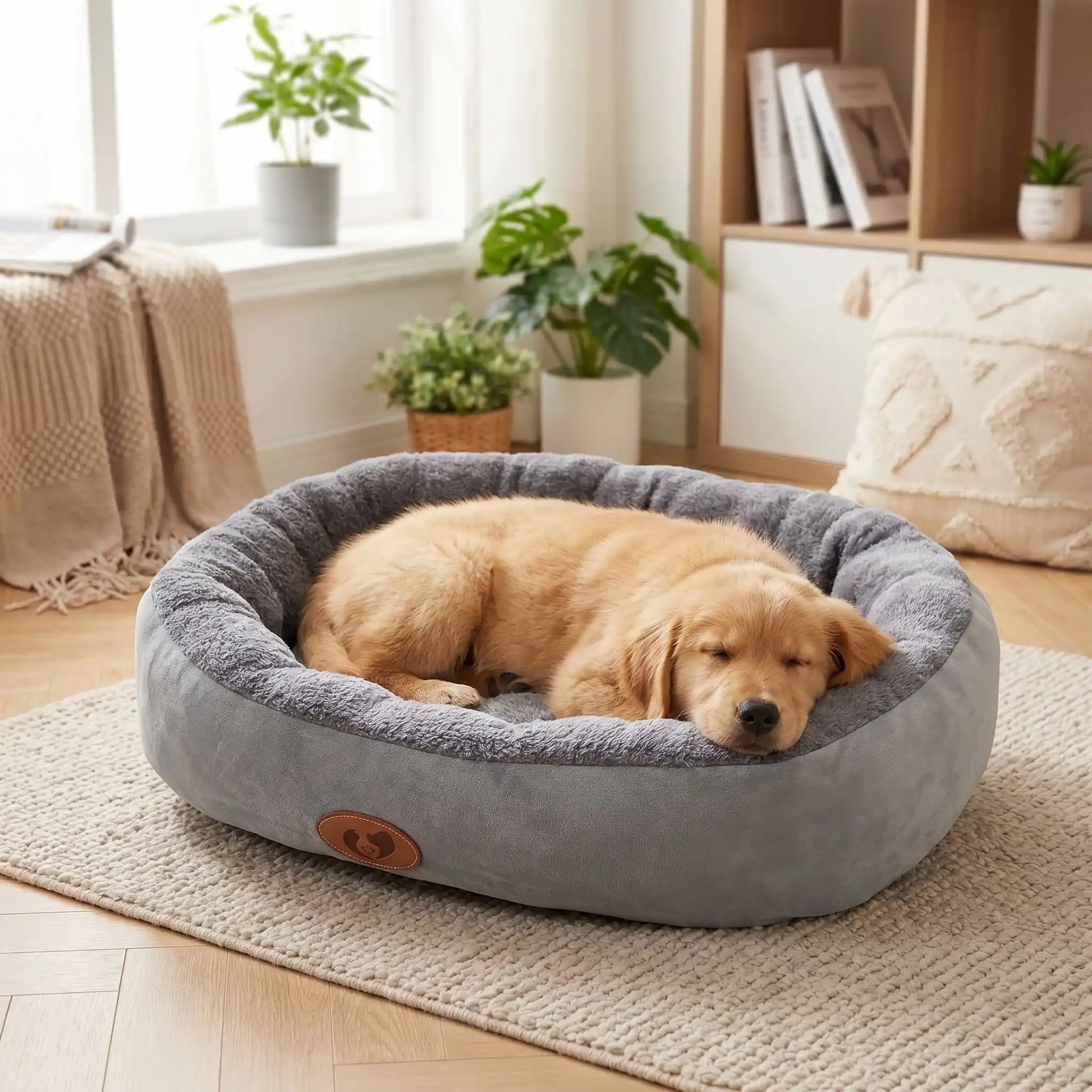 Panier-chiot-coussin-anti-stress avec rebord 360° surélevé rembourré et épais au rembourrage 100% coton haute densité lavable en machine, hypoallergénique, doux, chaud et respirant , fond antidérapant et imperméable pour chiot de petite, moyenne, grande et très grade race de 0 à 40 kilos en 5 tailles S, M, L, XL et XXL-un chiot de race moyenne qui dort paisiblement dans son panier à rebord ovale de couleur gris épais et rembourré pour un effet cocooning anti stress dans le salon de l'apartement