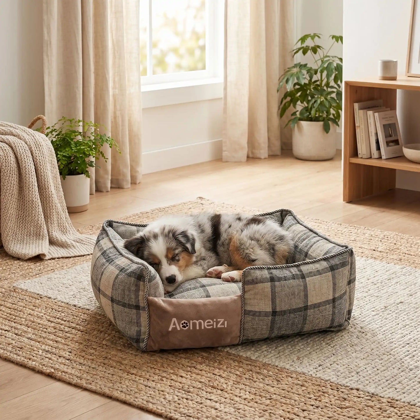 Panier-chiot-déhoussable-4-saisons, lavable en machine, housse en tissu respirant lin et coton, rembourrage 100% coton haute densité épais et ergonomique, coutures solides et résistant aux griffes et morsures, design soigné et motif carreaux écossais de couleur gris et beige pour chiot de 0 à 15 kilos-un chiot de race moyenne qui dort couché confortablement dans son petit panier rectangulaire à motif à carreaux chic dans la chambre de la maison