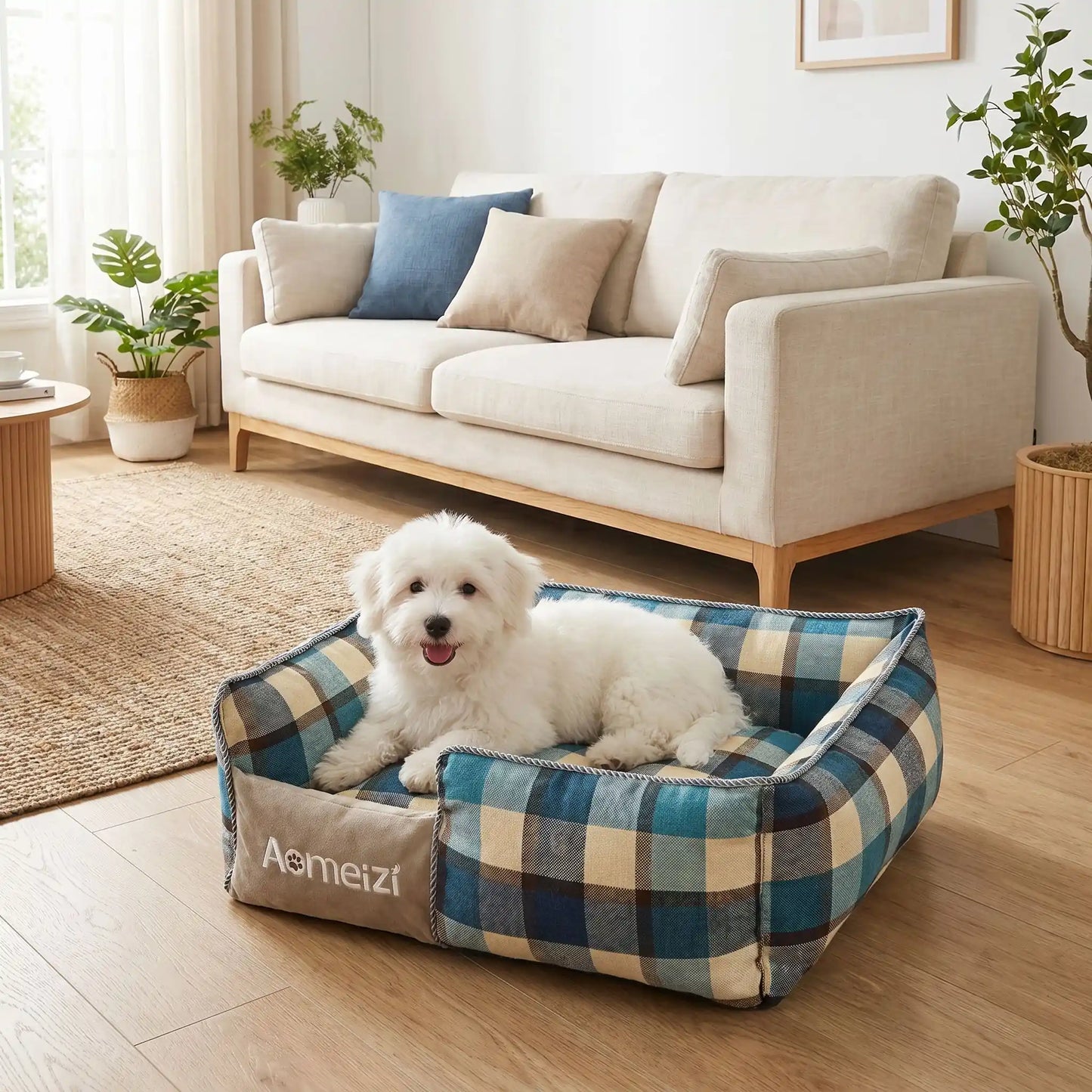 Panier-chiot-déhoussable-4-saisons, lavable en machine, housse en tissu respirant lin et coton, rembourrage 100% coton haute densité épais et ergonomique, coutures solides et résistant aux griffes et morsures, design soigné et motif carreaux écossais de couleur bleu, turquoise et beige pour chiot de 0 à 15 kilos-un chiot de petite race couché confortablement dans son petit panier rectangulaire à motif à carreaux chic dans le salon de la maison