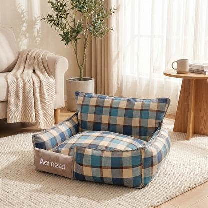 Panier-chiot-déhoussable-4-saisons, lavable en machine, housse en tissu respirant lin et coton, rembourrage 100% coton haute densité épais et ergonomique, coutures solides et résistant aux griffes et morsures, design ectangulaire avec dossier plus haut et épais que les rebords latéraux style canapé moelleux,  motif carreaux écossais pour chiot de 0 à 15 kilos-gros plan sur le panier rectangulaire bleu turquoise en forme de canapé/fauteuil rembourré 100% coton PP moelleux et ergonomique 100% déhoussable 