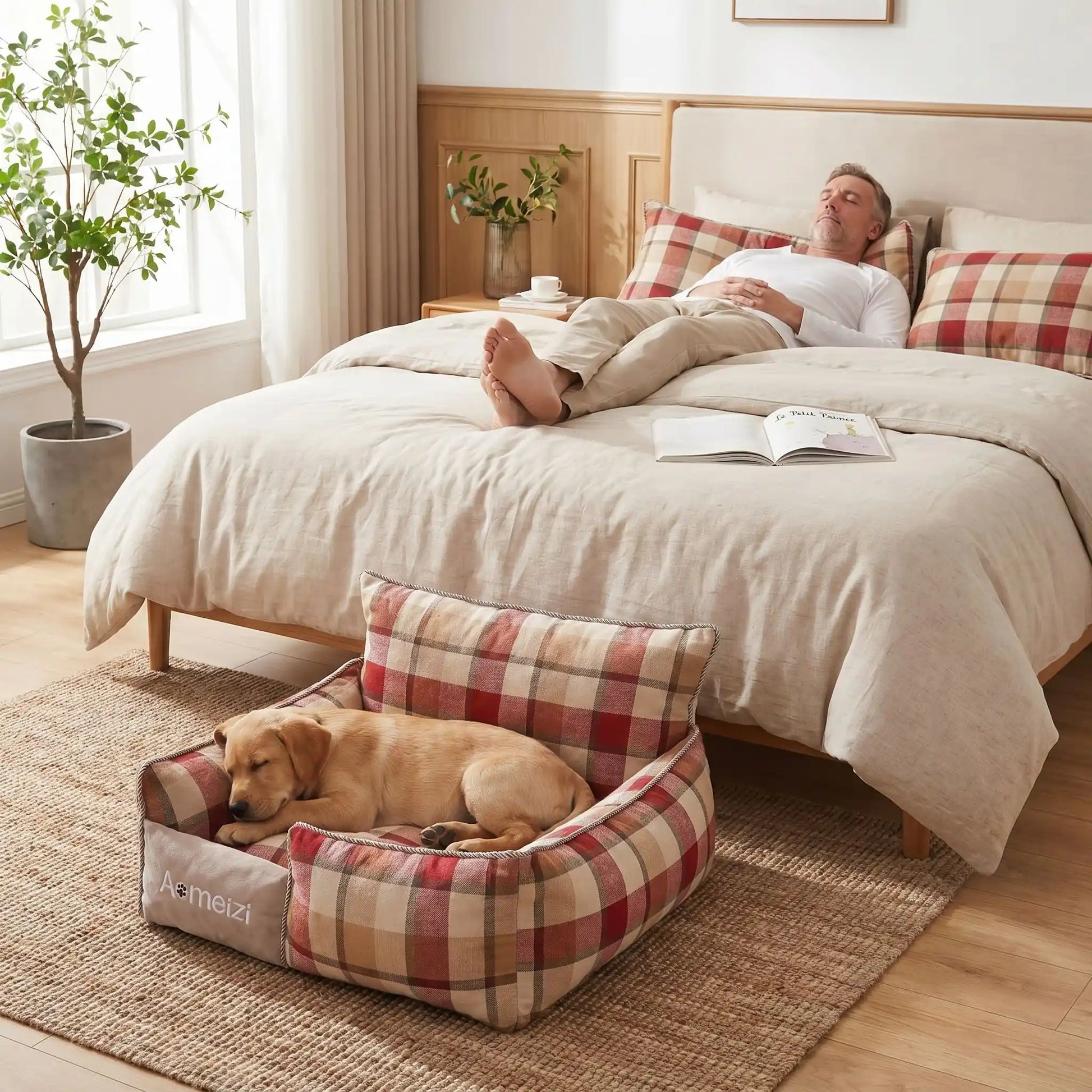 Panier-chiot-déhoussable-4-saisons, lavable en machine, housse en tissu respirant lin et coton, rembourrage 100% coton haute densité épais et ergonomique, coutures solides et résistant aux griffes et morsures, design ectangulaire avec dossier plus haut et épais que les rebords latéraux style canapé moelleux,  motif carreaux écossais pour chiot de 0 à 15 kilos-un chiot qui dort paisiblement dans son petit panier à motif à carreaux bordeaux chic au pied du lit de son maitre qui dort dans la chambre 