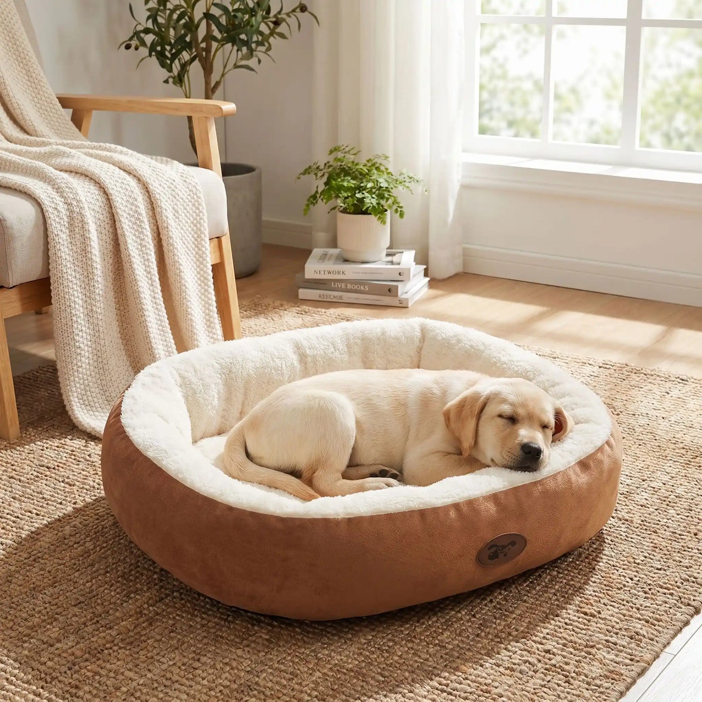 Panier-chiot-coussin-anti-stress avec rebord 360° surélevé rembourré et épais au rembourrage 100% coton haute densité lavable en machine, hypoallergénique, doux, chaud et respirant , fond antidérapant et imperméable pour chiot de petite, moyenne, grande et très grade race de 0 à 40 kilos en 5 tailles S, M, L, XL et XXL-un chiot de race grande taille qui dort paisiblement dans son panier à rebord ovale de couleur gris épais et rembourré pour un effet cocooning anti stress dans le salon de la maison