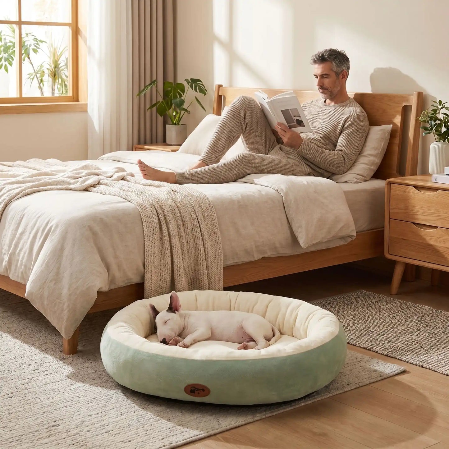Panier-chiot-coussin-anti-stress avec rebord 360° surélevé rembourré et épais au rembourrage 100% coton haute densité lavable en machine, hypoallergénique, doux, chaud et respirant , fond antidérapant et imperméable pour chiot de petite, moyenne, grande et très grade race de 0 à 40 kilos en 5 tailles S, M, L, XL et XXL-un chiot de race moyenne qui dort  dans son panier à rebord ovale de couleur vert d'eau épais et rembourré au pied du lit de son maitre allongé qui lit son magazine dans la chambre