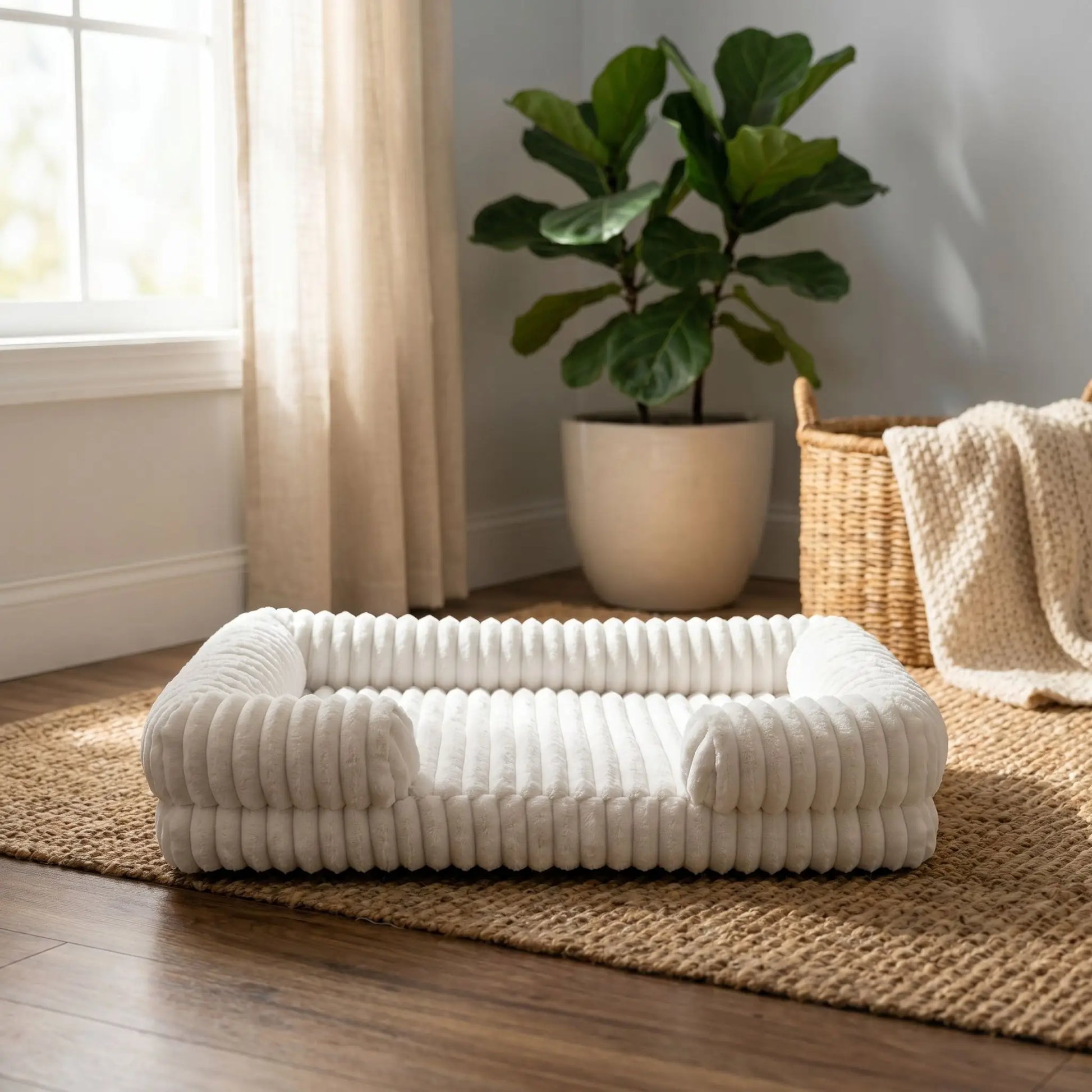 Panier-confort-chien-chiot-orthopédique-anti-stress confortable avec housse en velours doux et chaud imperméable et antidérapant résistant aux griffes et morsures vaec rebords surélevés au rembourrage 100% coton haute densité hypoallergénique en 3 tailles M, L et XL pour chien et chiot de 0 à 40 kilos-gros plan sur le panier douillet avec matelas à mémoire de forme et housse douce comme une peluche pour chien en taille XL de couleur blanc dans le salon lifestile de la maison