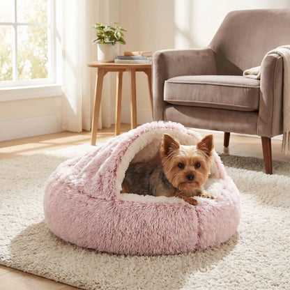 Panier-couvert-chien-chiot douillet, lit en peluche rond avec toit souple qui sert de couverture cousue au panier rond et profond comme un donut au rembourrage 100% coton haute densité entourant et ergonomique pour un effet apaisant et anti-stress, chaud pour les chiots et chiens de petite taille de 0 à 5 kg, anxieux ou frileux-un petit chien couché et niché dans son panier rond rose avec le toit reposant sur son corps pour un effet calmant qui protège du froid sur le sol du salon de l'appartement