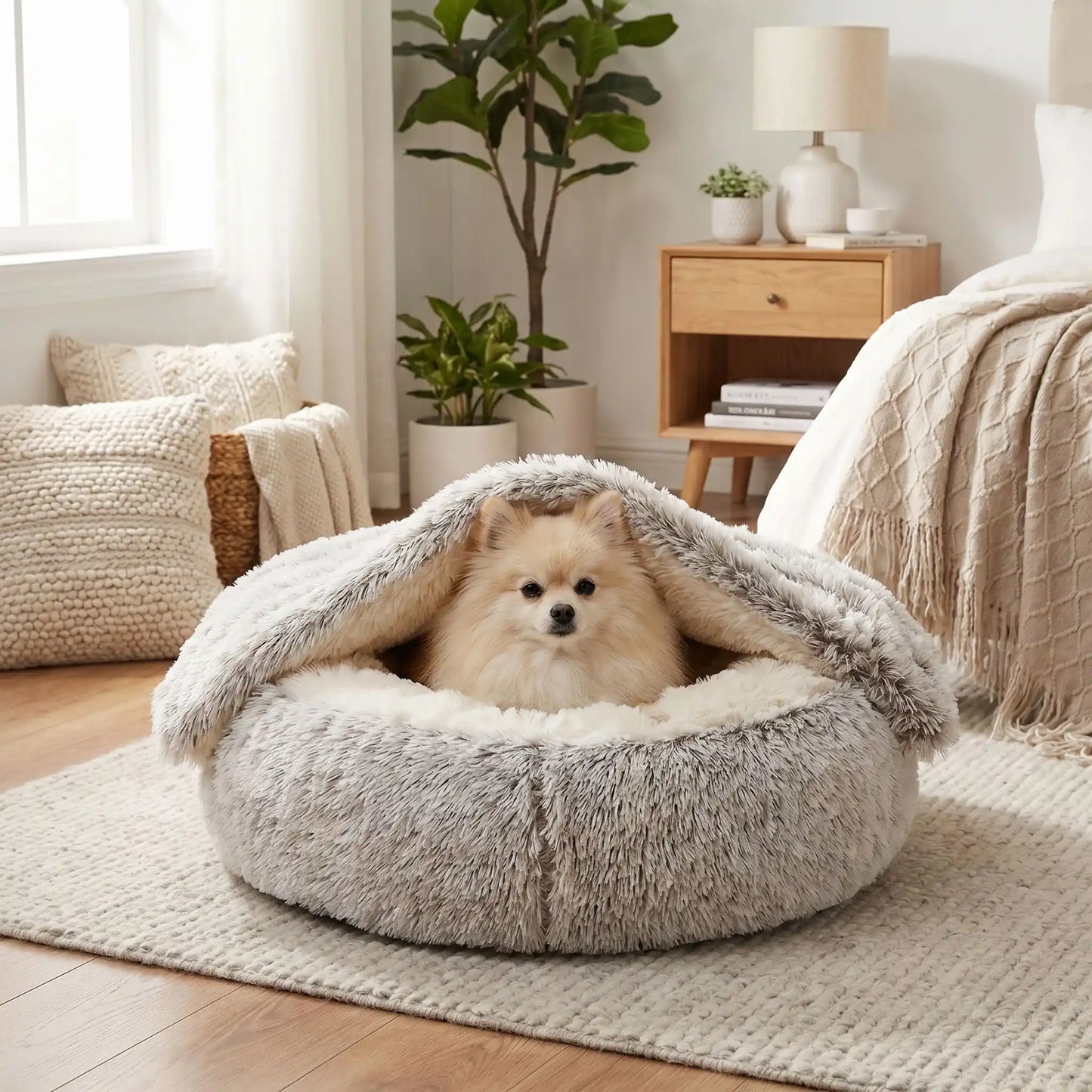 Panier-couvert-chien-chiot douillet, lit en peluche rond avec toit souple qui sert de couverture cousue au panier rond et profond comme un donut au rembourrage 100% coton haute densité entourant et ergonomique pour un effet apaisant et anti-stress, chaud pour les chiots et chiens de petite taille de 0 à 5 kg, anxieux ou frileux-un chien de petite race couché et niché dans son panier rond marron avec le toit reposant sur son corps pour un effet calmant qui protège du froid sur le sol du salon de la maison
