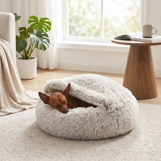 Panier-couvert-chien-chiot douillet, lit en peluche rond avec toit souple qui sert de couverture cousue au panier rond et profond comme un donut au rembourrage 100% coton haute densité entourant et ergonomique pour un effet apaisant et anti-stress, chaud pour les chiots et chiens de petite taille de 0 à 5 kg, anxieux ou frileux-un chien nain qui dort niché dans son panier rond et lavable avec le toit reposant sur son corps pour un effet calmant qui protège du froid sur le sol du salon de l'appartement