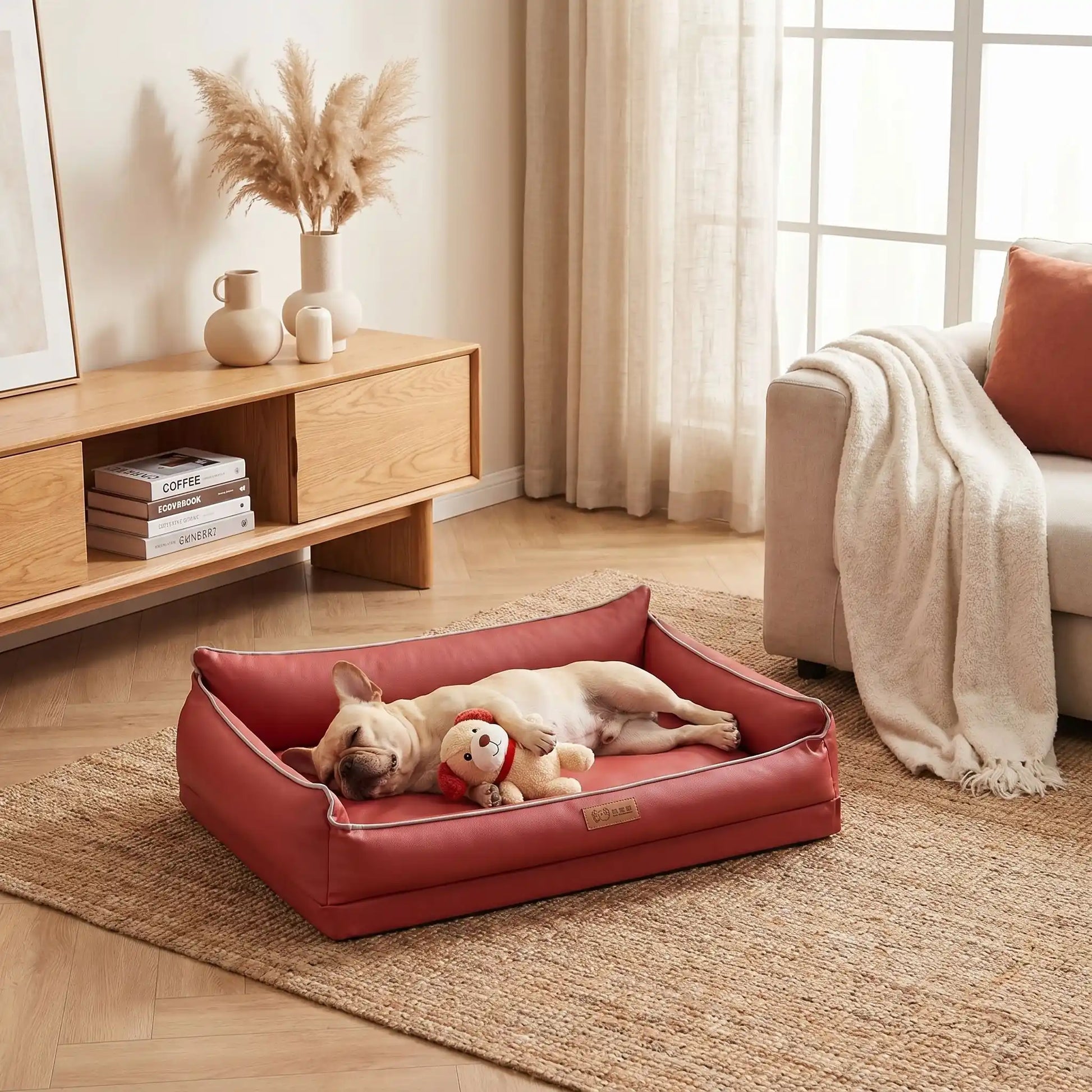 Panier-lavable-pour-chien-impermeable-4-saisons pour chiot, chien de petite, moyenne et grande taille du S au XL, avec matelas orthopédique à mémpoire de forme, déhoussable et lavable en machine, housse 100% imperméable en tissu solide et résistant, panier rectagulaire avec rebord surélevé et dossier plus haut pour un effet canapé lit pour chien-un Bouledogue français qui dort paisiblement allongé de tout son long, sa patte sur sa peluche dans son panier orthopédique  taille M dans le salon de l'appartement