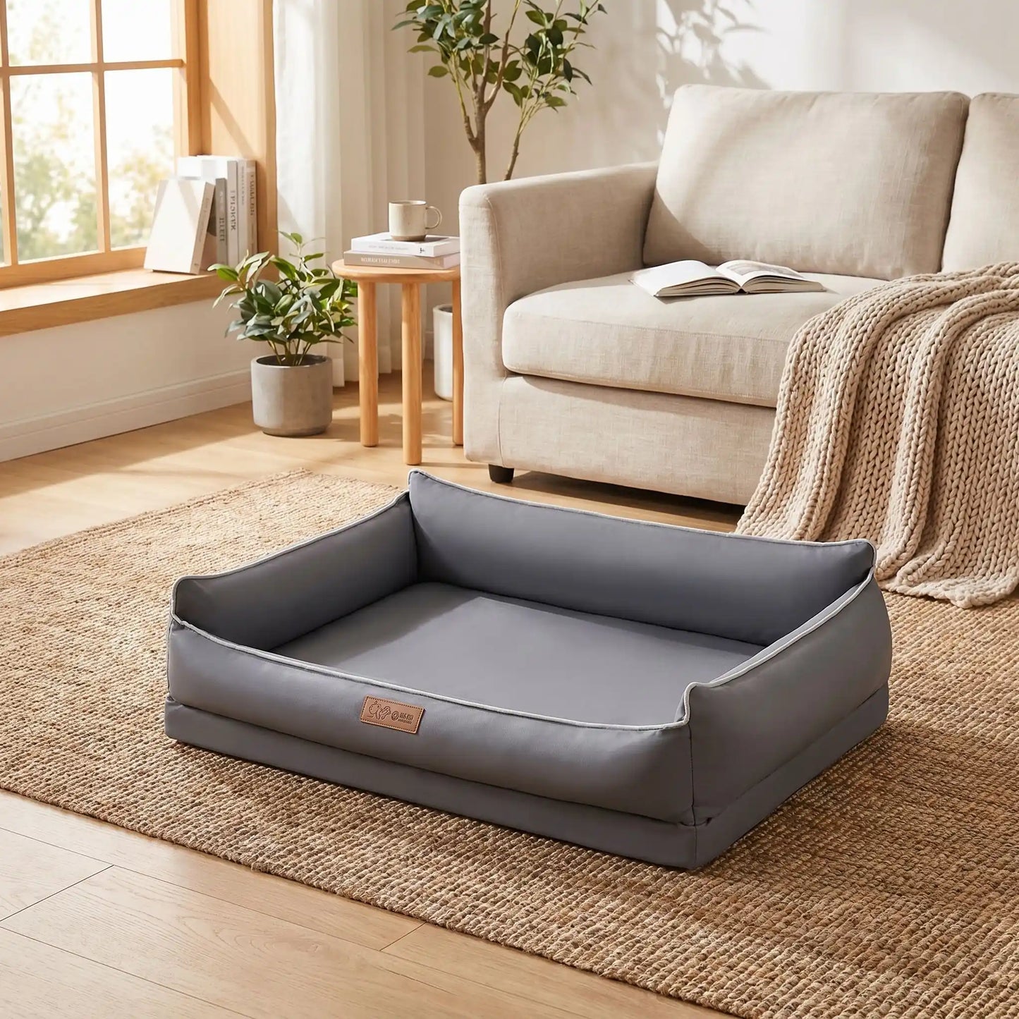 Panier-lavable-pour-chien-impermeable-4-saisons pour chiot, chien de petite, moyenne et grande taille du S au XL, avec matelas orthopédique à mémpoire de forme, déhoussable et lavable en machine, housse 100% imperméable en tissu solide et résistant, panier rectagulaire avec rebord surélevé et dossier plus haut pour un effet canapé lit pour chien-gros plan sur le panier confortable et ergonomique pour chien en taille L en couleur gris foncé sur le sol du salon de l'appartement
