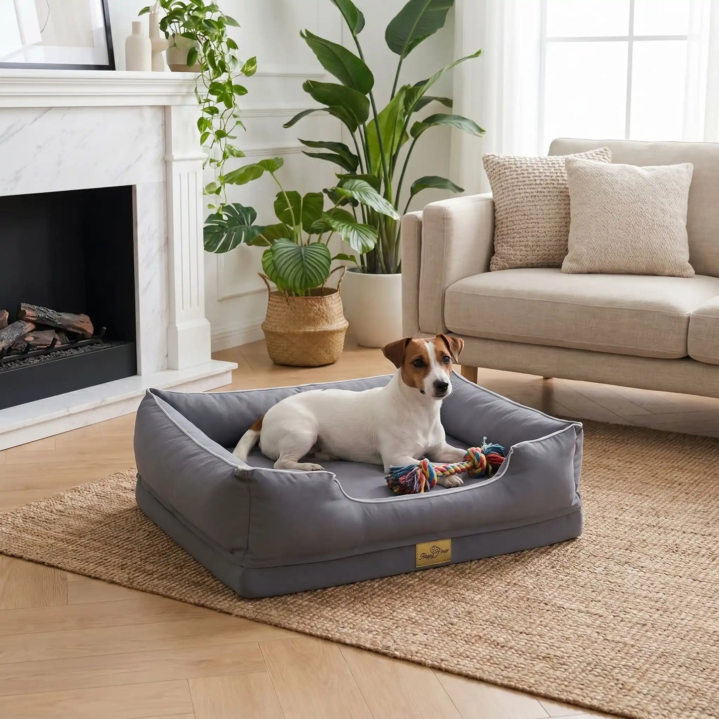 Panier-orthopedique-chien chiot entièrement déhoussable et lavable en machine, avec matelas éponge 100% coton haute résilience à mémoire de forme, imperméable et antidérapant, avec rebords surélevés et housse  imperméable résistante aux griffes, intérieur en fausse fourrure de mouton hypoallergénique et ultra-doux, disponible en 4 tailles M, L, XL et XXL pour chiot et chien de 0 à 60 kilos max-un chien de petite race confortablement couché avec son jouet en corde dans son panier gris lavable dans le salon