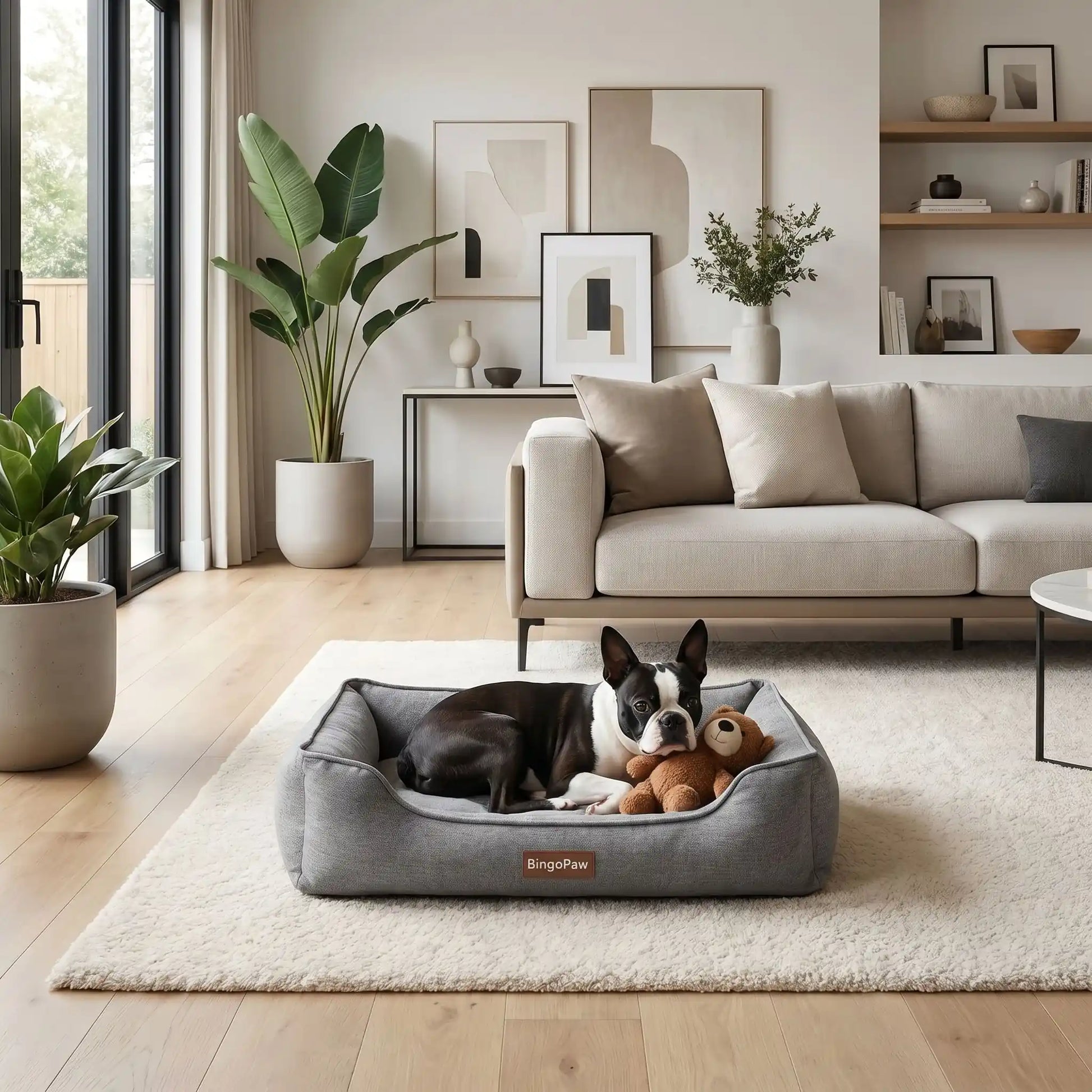 Panier-orthopedique-chien chiot entièrement déhoussable et lavable en machine, avec matelas éponge 100% coton haute résilience à mémoire de forme, imperméable et antidérapant, avec rebords surélevés et housse  imperméable résistante aux griffes, intérieur en fausse fourrure de mouton hypoallergénique et ultra-doux, disponible en 4 tailles M, L, XL et XXL pour chiot et chien de 0 à 60 kilos max-un chien de race moyenne couché confortablement dans son panier gris avec rebord dans le salon de l'appartement 