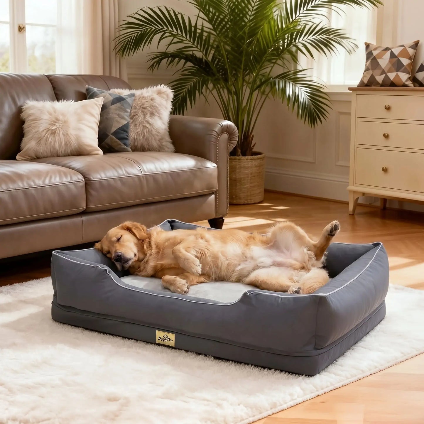 Panier-orthopedique-chien chiot entièrement déhoussable et lavable en machine, avec matelas éponge 100% coton haute résilience à mémoire de forme, imperméable et antidérapant, avec rebords surélevés et housse  imperméable résistante aux griffes, intérieur en fausse fourrure de mouton hypoallergénique et ultra-doux, disponible en 4 tailles M, L, XL et XXL pour chiot et chien de 0 à 60 kilos max-un grand chien qui dort couché dans son grand panier gris , les pattes en l'air dans le salon de la maison