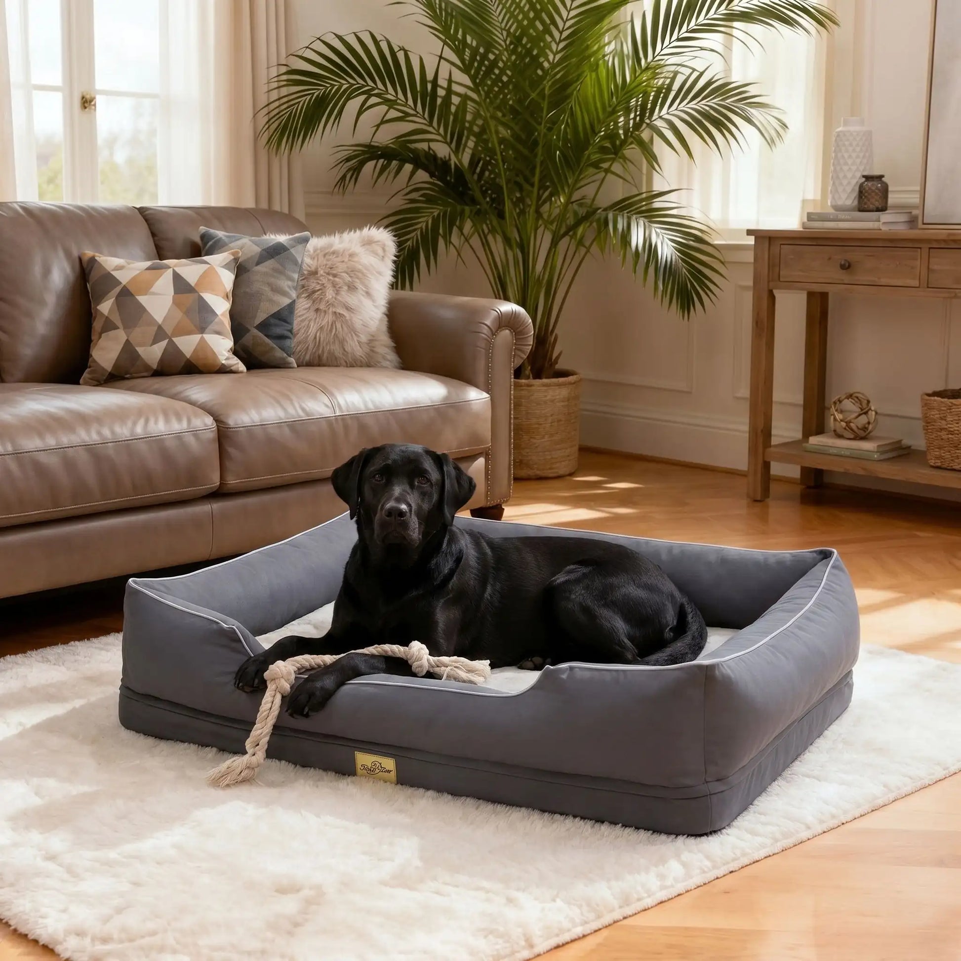 Panier-orthopedique-chien chiot entièrement déhoussable et lavable en machine, avec matelas éponge 100% coton haute résilience à mémoire de forme, imperméable et antidérapant, avec rebords surélevés et housse  imperméable résistante aux griffes, intérieur en fausse fourrure de mouton hypoallergénique et ultra-doux, disponible en 4 tailles M, L, XL et XXL pour chiot et chien de 0 à 60 kilos max-un grand chien couché confortablement dans son grand panier gris avec rebord dans le salon de l'appartement