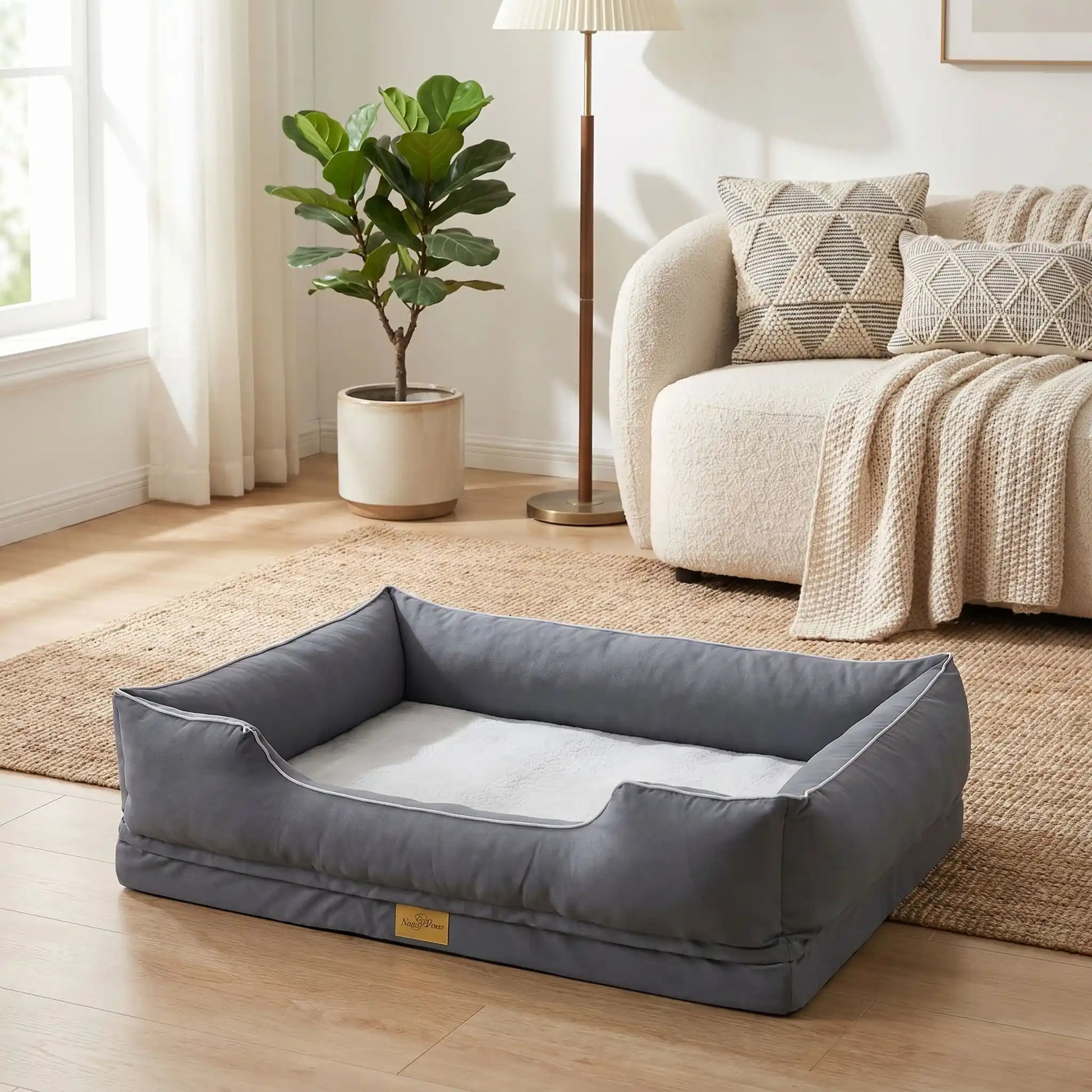 Panier-orthopedique-chien chiot entièrement déhoussable et lavable en machine, avec matelas éponge 100% coton haute résilience à mémoire de forme, imperméable et antidérapant, avec rebords surélevés et housse  imperméable résistante aux griffes, intérieur enfausse fourrure de mouton hypallergénique et ultra-doux, disponible en 4 tailles M, L, XL et XXL pour chiot et chien de 0 à 60 kilos max-gros plan sur le panier orthopédique pour chien taille L avec le fond en fausse fourrure ultra douce et design épuré