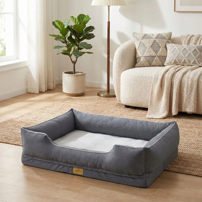 Panier-orthopedique-chien chiot entièrement déhoussable et lavable en machine, avec matelas éponge 100% coton haute résilience à mémoire de forme, imperméable et antidérapant, avec rebords surélevés et housse  imperméable résistante aux griffes, intérieur enfausse fourrure de mouton hypallergénique et ultra-doux, disponible en 4 tailles M, L, XL et XXL pour chiot et chien de 0 à 60 kilos max-gros plan sur le panier orthopédique pour chien taille L avec le fond en fausse fourrure ultra douce et design épuré