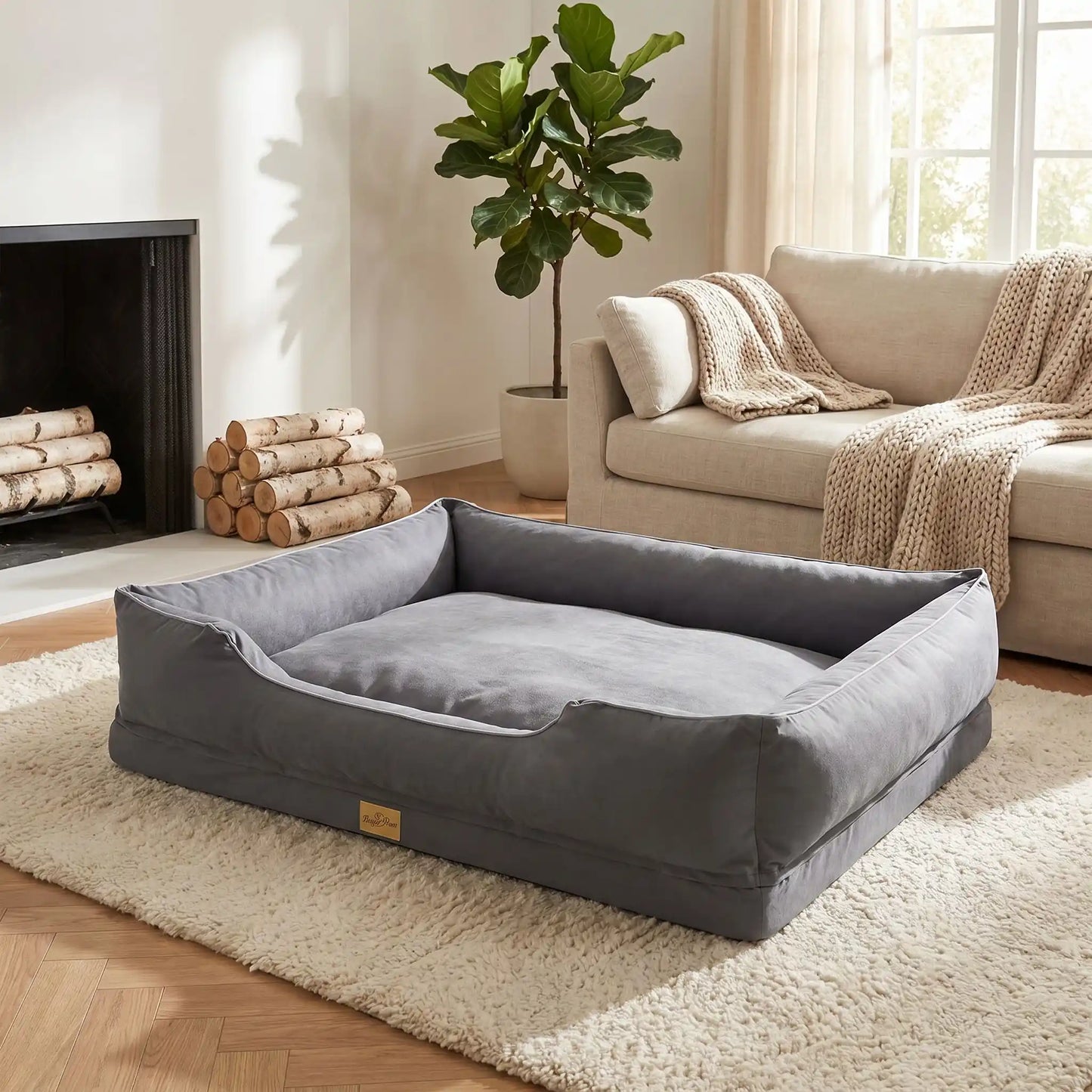 Panier-orthopedique-chien chiot entièrement déhoussable et lavable en machine, avec matelas éponge 100% coton haute résilience à mémoire de forme, imperméable et antidérapant, avec rebords surélevés et housse  imperméable résistante aux griffes, intérieur en fausse fourrure de mouton hypoallergénique et ultra-doux, disponible en 4 tailles M, L, XL et XXL pour chiot et chien de 0 à 60 kilos max-gros plan sur le panier orthopédique pour chiot et chien au design contemporain de couleur gris coutures solides
