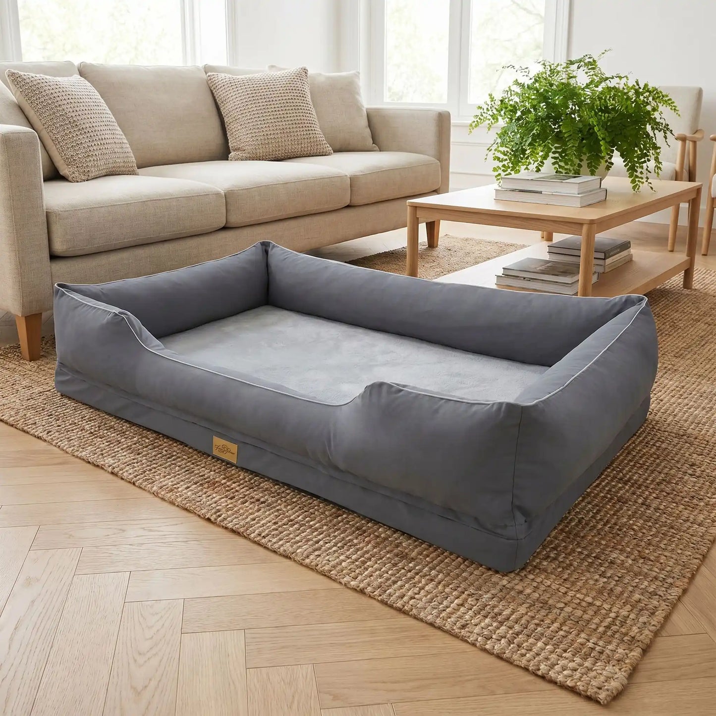 Panier-orthopedique-chien chiot entièrement déhoussable et lavable en machine, avec matelas éponge 100% coton haute résilience à mémoire de forme, imperméable et antidérapant, avec rebords surélevés et housse  imperméable résistante aux griffes, intérieur en fausse fourrure de mouton hypoallergénique et ultra-doux, disponible en 4 tailles M, L, XL et XXL pour chiot et chien de 0 à 60 kilos max-gros plan sur le grand panier orthopédique de 127 cm de longueur pour chiot et chien jusqu'à 60 kilos