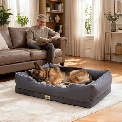 Panier-orthopedique-chien chiot entièrement déhoussable et lavable en machine, avec matelas éponge 100% coton haute résilience à mémoire de forme, imperméable et antidérapant, avec rebords surélevés et housse  imperméable résistante aux griffes, intérieur en fausse fourrure de mouton hypoallergénique ultra-doux, disponible en 4 tailles M, L, XL et XXL pour chiot et chien de 0 à 60 kilos max-un chien de grande taille qui dort paisiblement dans son grand panier gris au pied de son maître assis dans le canapé