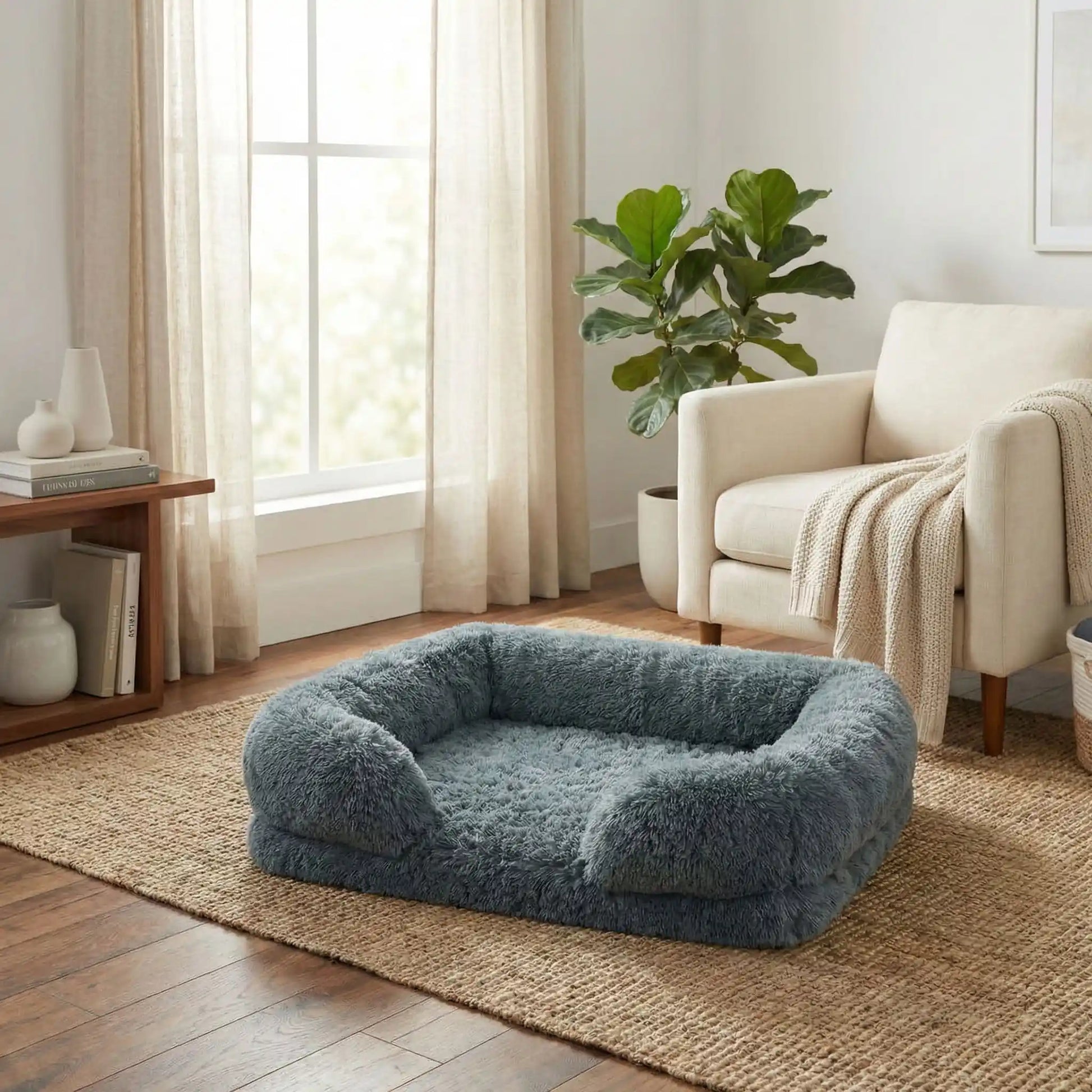 Panier-orthopédique-chien-déhoussable-coussin rectangulaire avec rebord surélevé en traversin qui sert d'oreiller ergonomique à 360° rembourrage 100% coton haute densité pour un effet anti stress et anti anxiété-housse en peluche ultra douce, hypoallergénique, imperméable, antidérapant et lavable en machine pour chiot et chien de taille petite à moyen jusqu'à 15 kg max-couleur gris