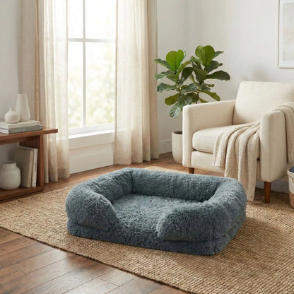 Panier-orthopédique-chien-déhoussable-coussin rectangulaire avec rebord surélevé en traversin qui sert d'oreiller ergonomique à 360° rembourrage 100% coton haute densité pour un effet anti stress et anti anxiété-housse en peluche ultra douce, hypoallergénique, imperméable, antidérapant et lavable en machine pour chiot et chien de taille petite à moyen jusqu'à 15 kg max-couleur gris