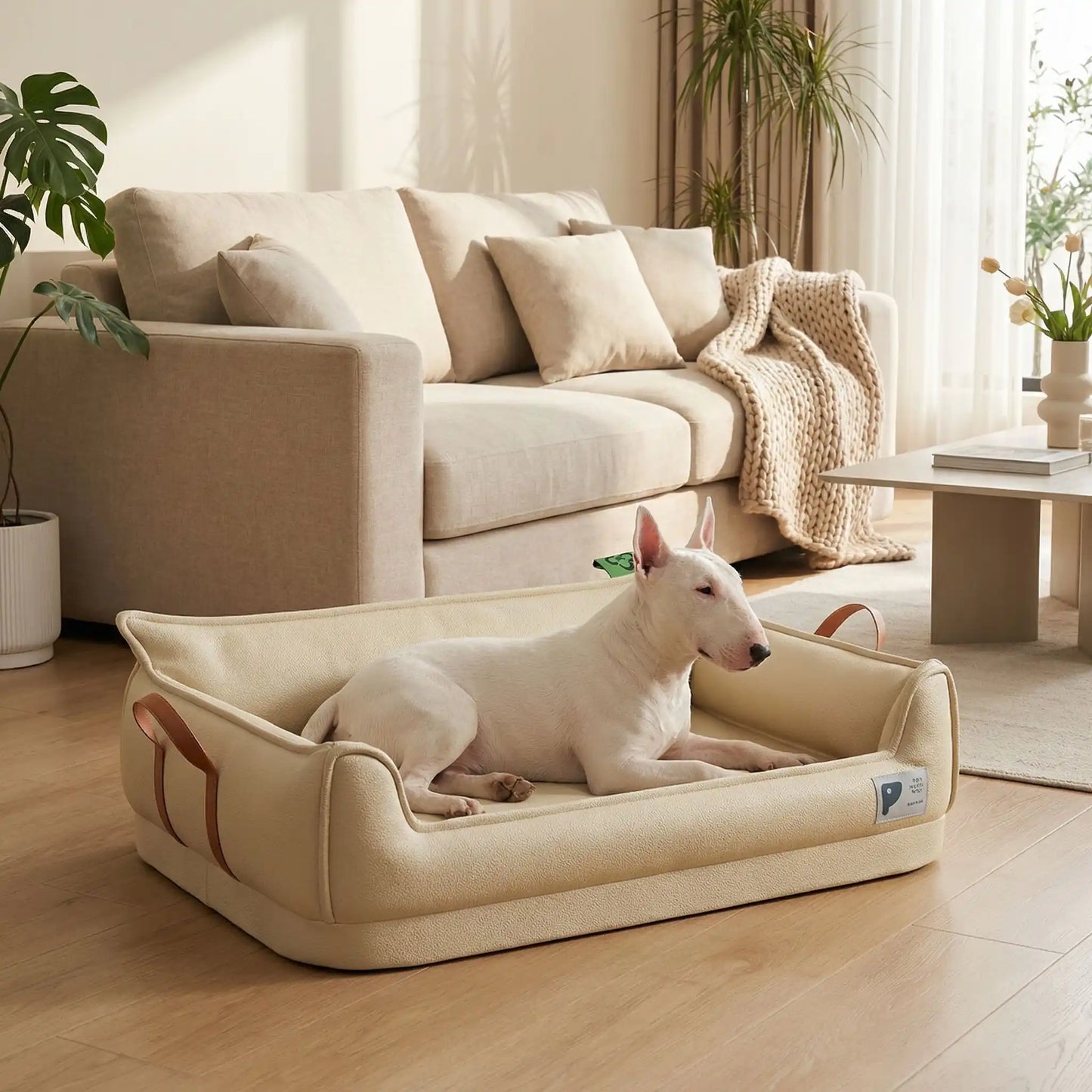 Panier-orthopedique-chien-simili-cuir-imperméable, déhoussable, antidérapant et lavable avec deux poignée de transport, ne retient pas les poils, avec dossier et rebord surélevé, résistant aux griffes en cuir végan et matelas haute résilience à mémoire de forme en coton PP, design moderne et soigné avec coutures solides pour chiot et chien de petite à moyenne taille-un Bull terrier couché confortablement dans son  panier design et moderne de couleur beige dans le salon de la maison