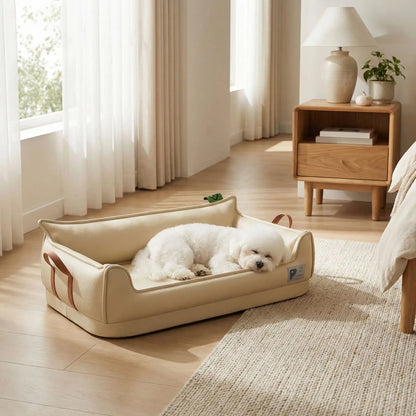 Panier-orthopedique-chien-simili-cuir-imperméable, déhoussable, antidérapant et lavable avec deux poignée de transport, ne retient pas les poils, avec dossier et rebord surélevé, résistant aux griffes en cuir végan et matelas haute résilience à mémoire de forme en coton PP, design moderne et soigné avec coutures solides pour chiot et chien de petite à moyenne taille-un Bichon frisé qui dort paisiblement dans  panier design et moderne de couleur gris dans la chambre de l'appartement