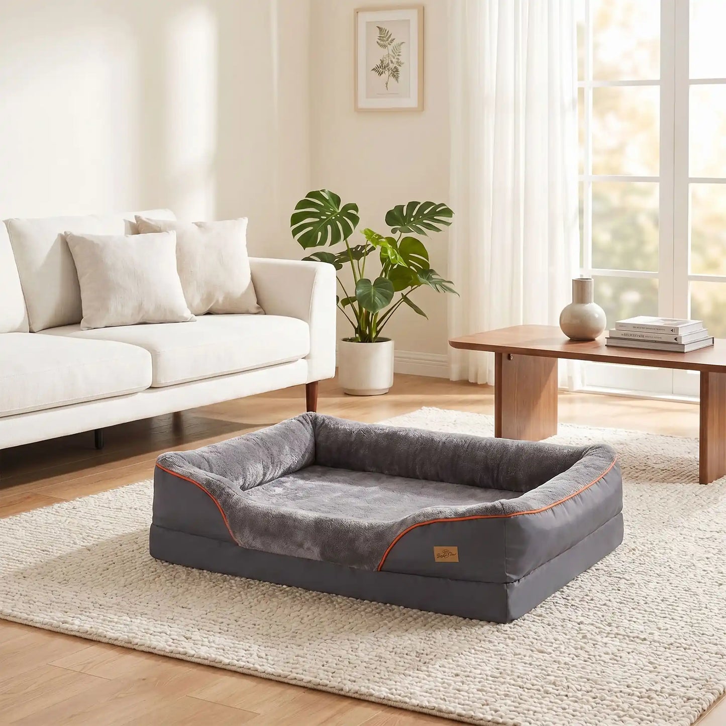 Panier-orthopédique-chien-chiot grande taille xxl, déhoussable et lavable, imperméable et antidérapant avec haut rebord rembourré avec matelas à mémoire de forme, housse en peluche douce et tissu réistant et imperméable, en 3 tailles L, XL et XXL pour chiot et chien de 0 à 70 kilos maximum-gros plan sur le panier rectangulaire douillet en peluche douce et tissu imperméable résistant auux griffes de couleur gris foncé dans le salon de l'appartement