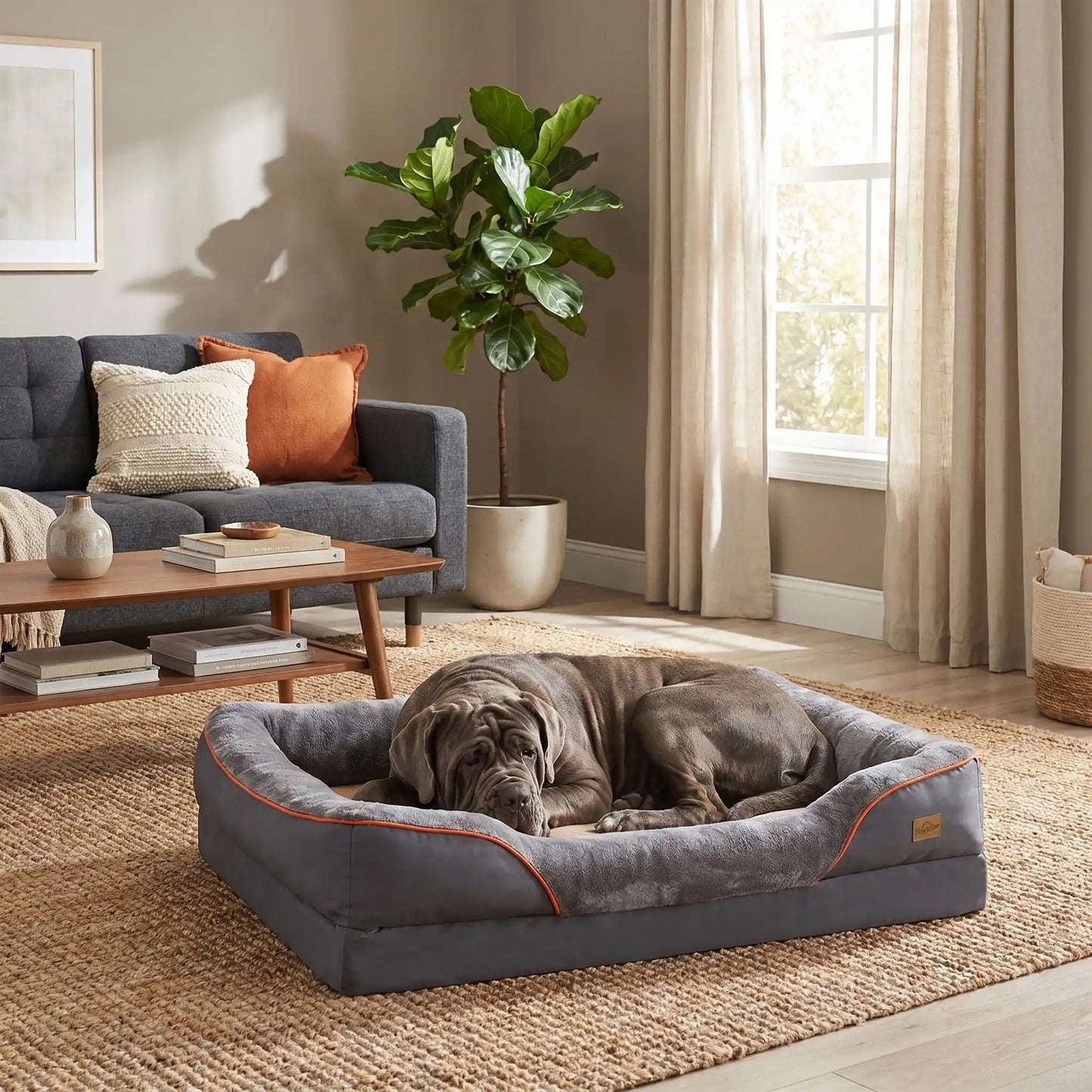 Panier-orthopédique-chien-chiot grande taille xxl, déhoussable et lavable, imperméable et antidérapant avec haut rebord rembourré avec matelas à mémoire de forme, housse en peluche douce et tissu réistant et imperméable, en 3 tailles L, XL et XXL pour chiot et chien de 0 à 70 kilos maximum-un Mâtin Napolitain qui dort paisiblement en boule dans le panier épais, entourant à 360° sécurisant de couleur gris foncé dans le salon de l'appartement 