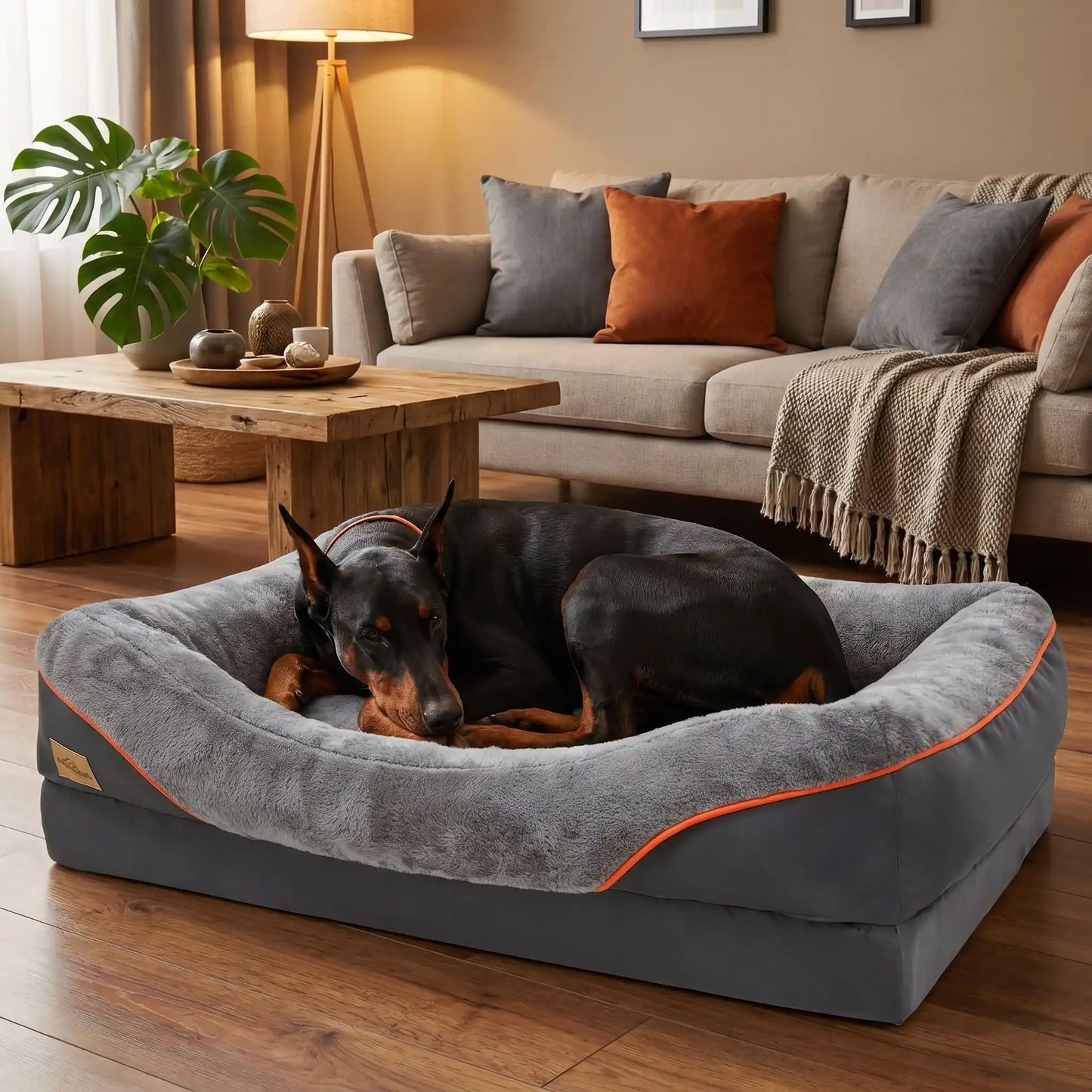 Panier-orthopédique-chien-chiot grande taille xxl, déhoussable et lavable, imperméable et antidérapant avec haut rebord rembourré avec matelas à mémoire de forme, housse en peluche douce et tissu réistant et imperméable, en 3 tailles L, XL et XXL pour chiot et chien de 0 à 70 kilos maximum-un chien de grande taille qui dort paisiblement en boule dans le panier épais, entourant à 360° sécurisant de couleur gris foncé dans le salon de la maison