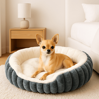 Panier-petit-chien-apaisant-antidérapant-lavable en machine-épais au rembourrage 100% coton haute densité-tissu extérieur en velours résistant aux griffes-ergonomique avec rebords surélevés-anti-anxiété et anti- stress-entourant-sécurisant pour chien de petite taille et chiot-un chien de race naine couché confortablement dans son panier douillet ovale gris dans la chambre de la maison