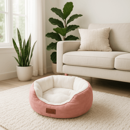 Panier-petit-chien-avec coussin face hiver et face été lavable en machine-rembourrage 100% coton haute densité-anti-affaissement-épais et ergonomique-antidérapant-imperméable-lavable en machine-douillet chaud et respirant-couleur rose