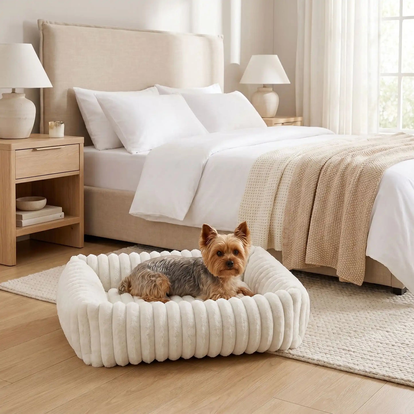 Panier-petit-chien-chiot-velours-confortable rectangulaire en velours ultra doux et résistant avec rebord 360° surélevé pour un effet cocon apaisant et rassurant anti-stress pour chien de petite taille de 0 à 9 kilos max, lavable en machien, fond imperméable et antidérapant-un petit chien couché confortablement dans son panier douillet de couleur blanc crème au pied du lit de son maitre dans la chambre de la maison