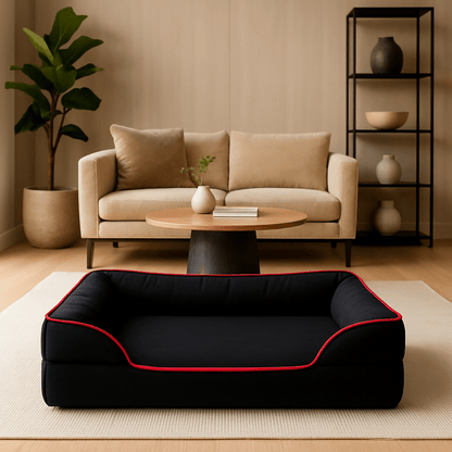 Panier-petit-chien-chiot-orthopédique-déhoussable-lavable en machine-résistant aux griffes-en velours avec matelas à mémoire de forme et traversin ergonomique intégré en coton PP et avant abaissé pour une entrée facile-pour petit chien et chiot de 0 à 10 kg max-de couleur noir-housse ultra-douce-panier design