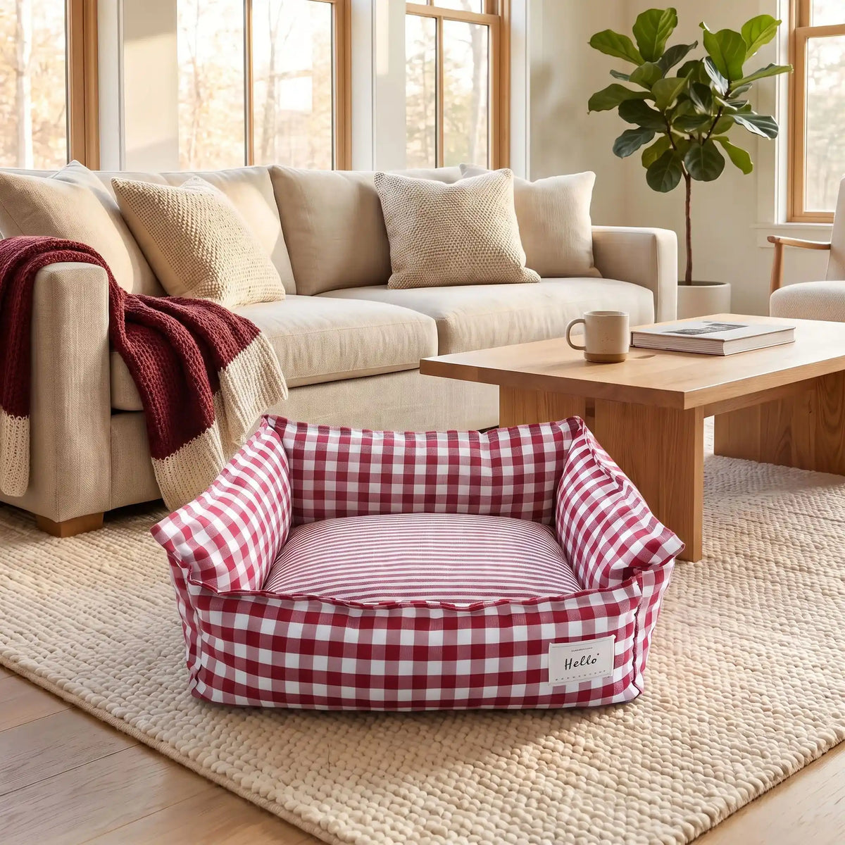 Panier-petit-chien-et-chiot-carreaux-vichy, 100% déhoussable,housse coton respirante 100% coton à carreaux vichy, coussin intérieur et 3 boudin au rembourrage 100% coton pour un panier confortable et ergonomique, anti-anxiété pour chiot chien de petite race et petite taille, disponible en 2 tailles XS et S-gros plan sur le panier coussin rembourré avec rebords surélevés au rembourrage 100% coton haute densité avec motif carreaux vichy rouge et blanc