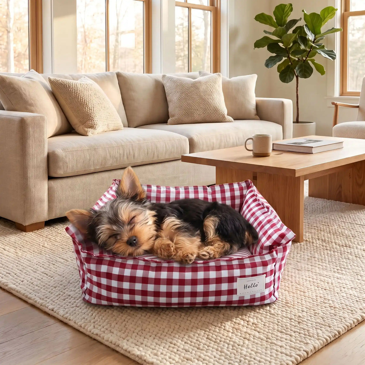 Panier-petit-chien-et-chiot-carreaux-vichy, 100% déhoussable,housse coton respirante 100% coton à carreaux vichy, coussin intérieur et 3 boudin au rembourrage 100% coton pour un panier confortable et ergonomique, anti-anxiété pour chiot chien de petite race et petite taille, disponible en 2 tailles XS et S-un yorkshire qui dort paisiblement dans son panier coussin rembourré avec rebords surélevés au rembourrage 100% coton haute densité avec motif carreaux vichy rouge et blanc sur le sol de l'appartement
