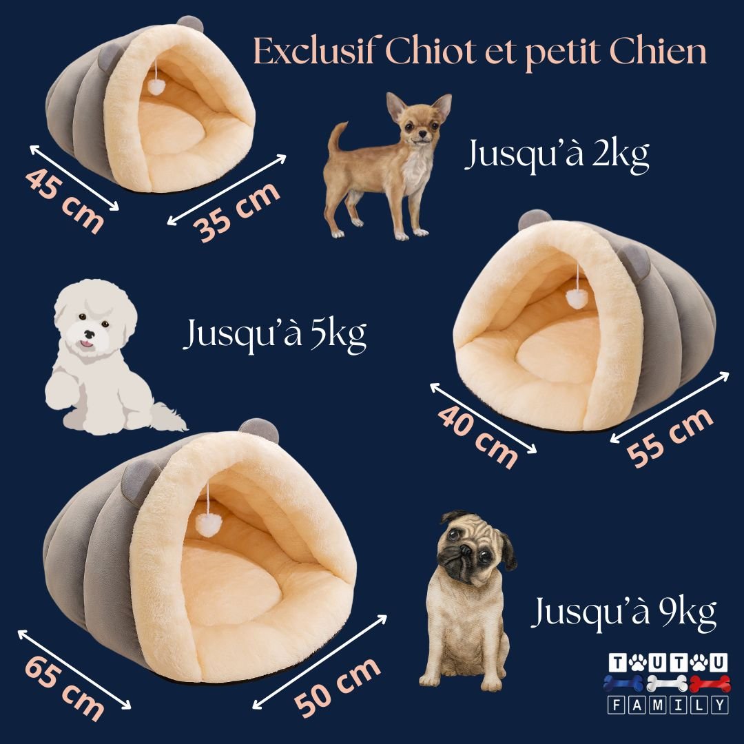 Panier-petit-chien-guide-des-tailles-niche-3-tailles-disponibles-S-M-L pour-les petits chiens de 2kg à 9kgs 
