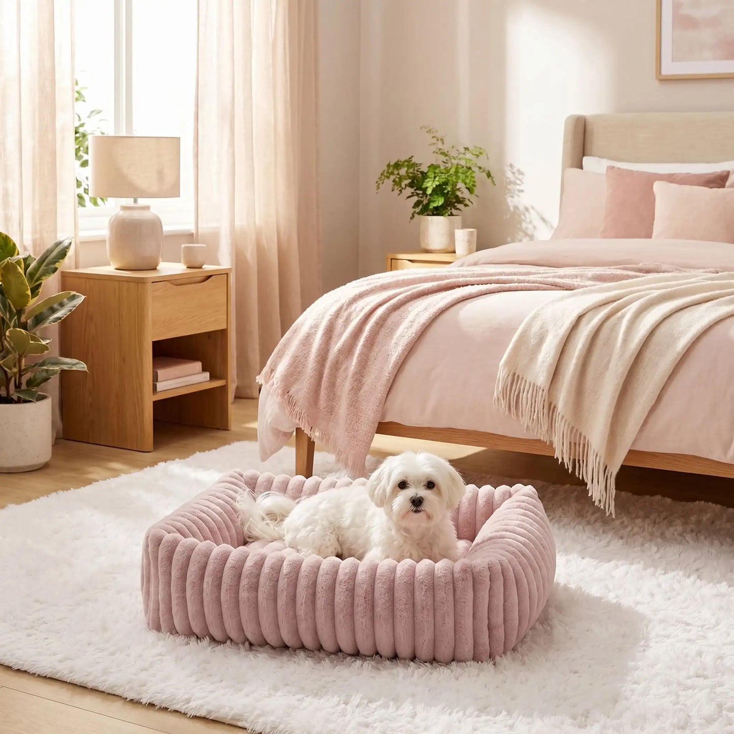 Panier-petit-chien-chiot-velours-confortable rectangulaire en velours ultra doux et résistant avec rebord 360° surélevé pour un effet cocon apaisant et rassurant anti-stress pour chien de petite taille de 0 à 9 kilos max, lavable en machien, fond imperméable et antidérapant-un petit chien couché confortablement dans son panier douillet de couleur rose  au pied du lit de son maitre dans la chambre de l'appartement
