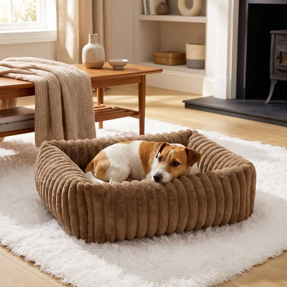 Panier-petit-chien-chiot-velours-confortable rectangulaire en velours ultra doux et résistant avec rebord 360° surélevé pour un effet cocon apaisant et rassurant anti-stress pour chien de petite taille de 0 à 9 kilos max, lavable en machine,épais rembourrage 100% Coton haute densité, fond imperméable et antidérapant-un chien de petite taille couché confortablement , sa tête reposant dur le rebord rembourré de son panier douillet de couleur marron sur le sol du salon de l'appartement