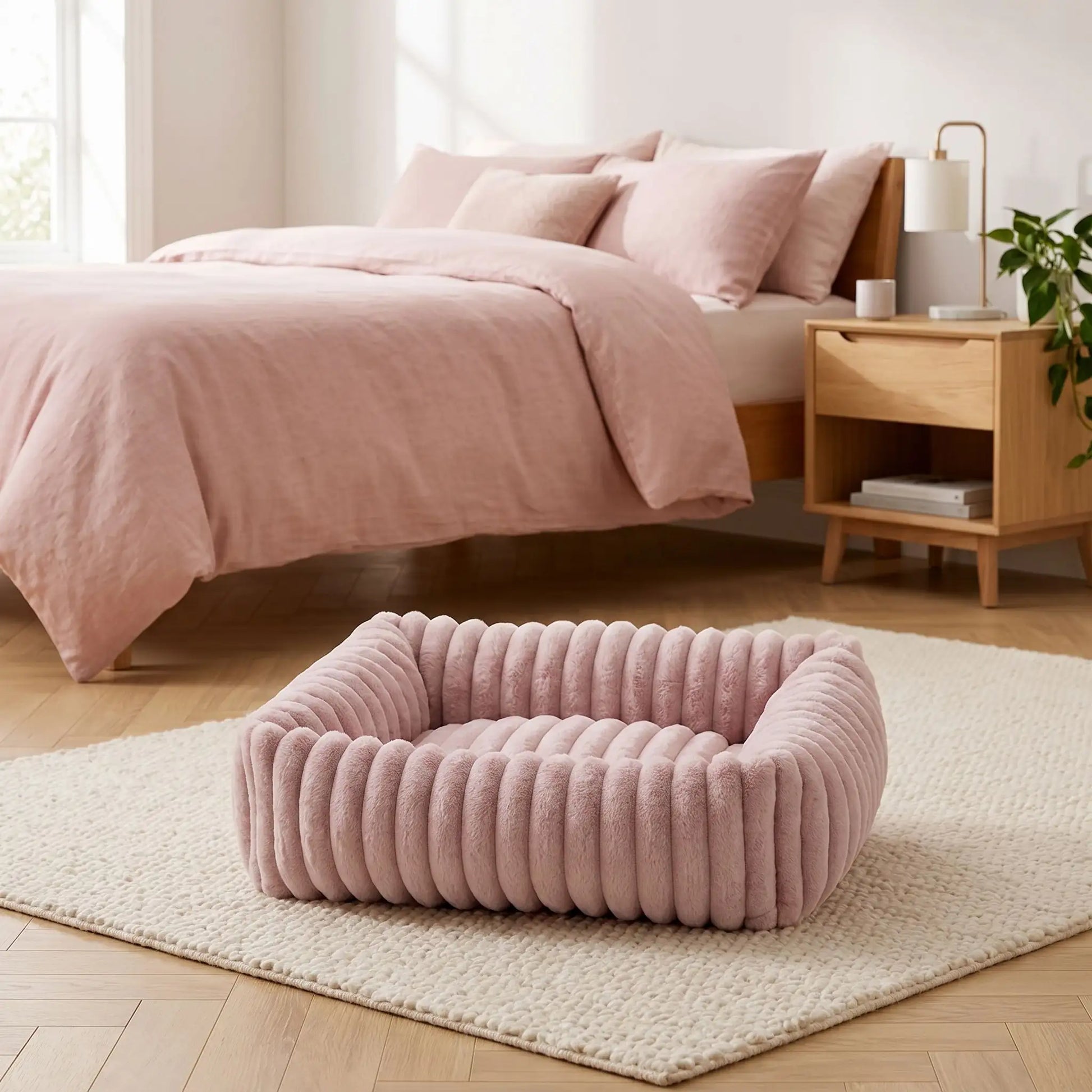 Panier-petit-chien-chiot-velours-confortable rectangulaire en velours ultra doux et résistant avec rebord 360° surélevé pour un effet cocon apaisant et rassurant anti-stress pour chien de petite taille de 0 à 9 kilos max, lavable en machine,épais rembourrage 100% Coton haute densité, fond imperméable et antidérapant-gros plan sur le panier pour petit chien et chiot rectangulaire  douillet et rembourrage généreux 100% coton haute résilience de couleur rose sur le sol de la chambre de l'appartement