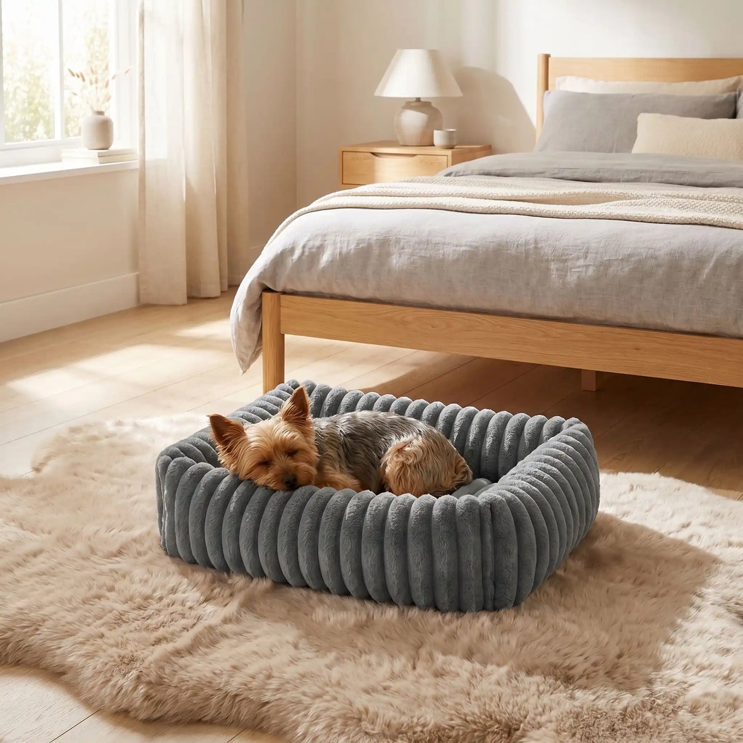 Panier-petit-chien-chiot-velours-confortable rectangulaire en velours ultra doux et résistant avec rebord 360° surélevé pour un effet cocon apaisant et rassurant anti-stress pour chien de petite taille de 0 à 9 kilos max, lavable en machine,épais rembourrage 100% Coton haute densité, fond imperméable et antidérapant-un Ypetit chien qui dort couché confortablement , sa tête reposant dur le rebord rembourré de son panier douillet de couleur gris au pied du lit de sa maitresse dans la chambre de la maison