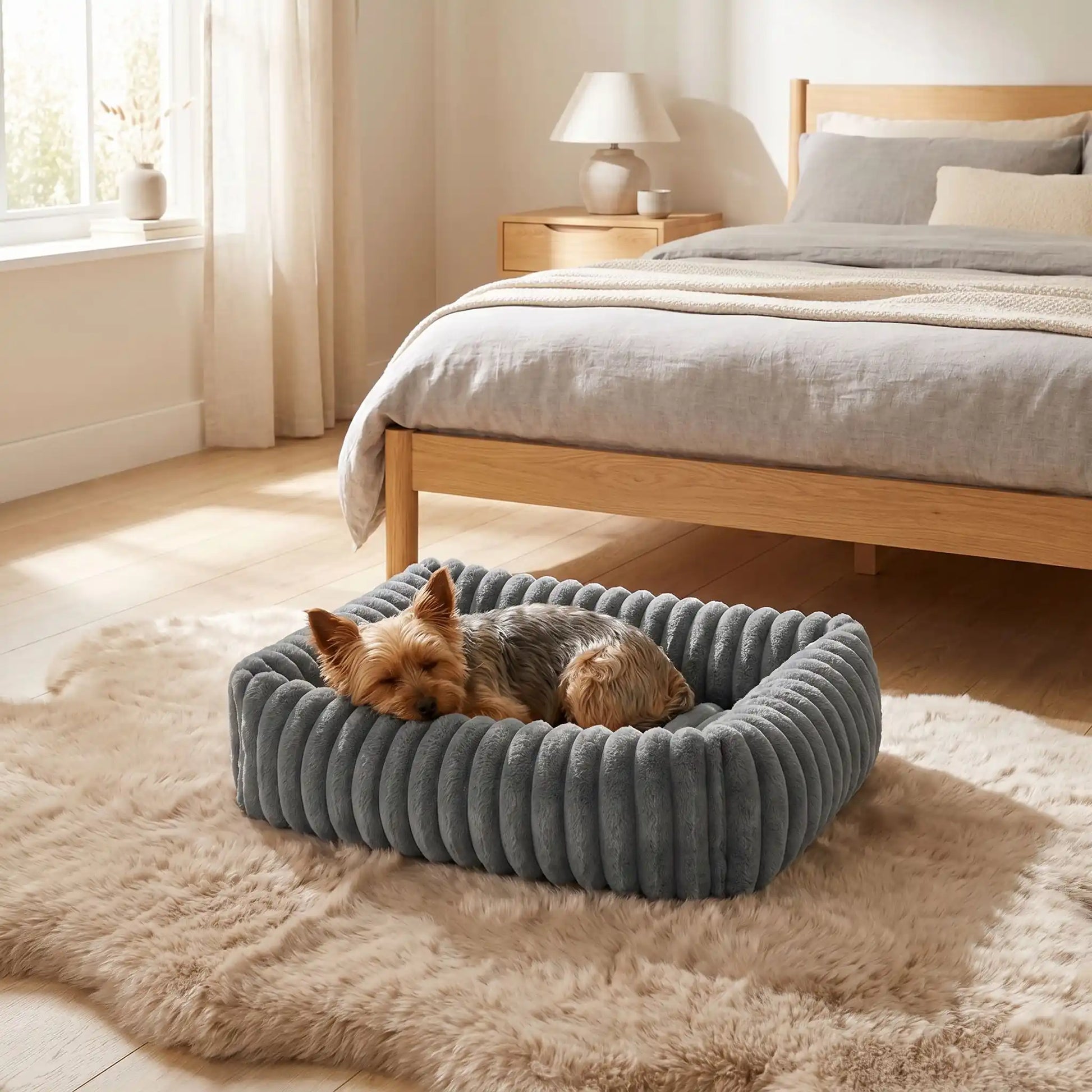 Panier-petit-chien-chiot-velours-confortable rectangulaire en velours ultra doux et résistant avec rebord 360° surélevé pour un effet cocon apaisant et rassurant anti-stress pour chien de petite taille de 0 à 9 kilos max, lavable en machine,épais rembourrage 100% Coton haute densité, fond imperméable et antidérapant-un Ypetit chien qui dort couché confortablement , sa tête reposant dur le rebord rembourré de son panier douillet de couleur gris au pied du lit de sa maitresse dans la chambre de la maison