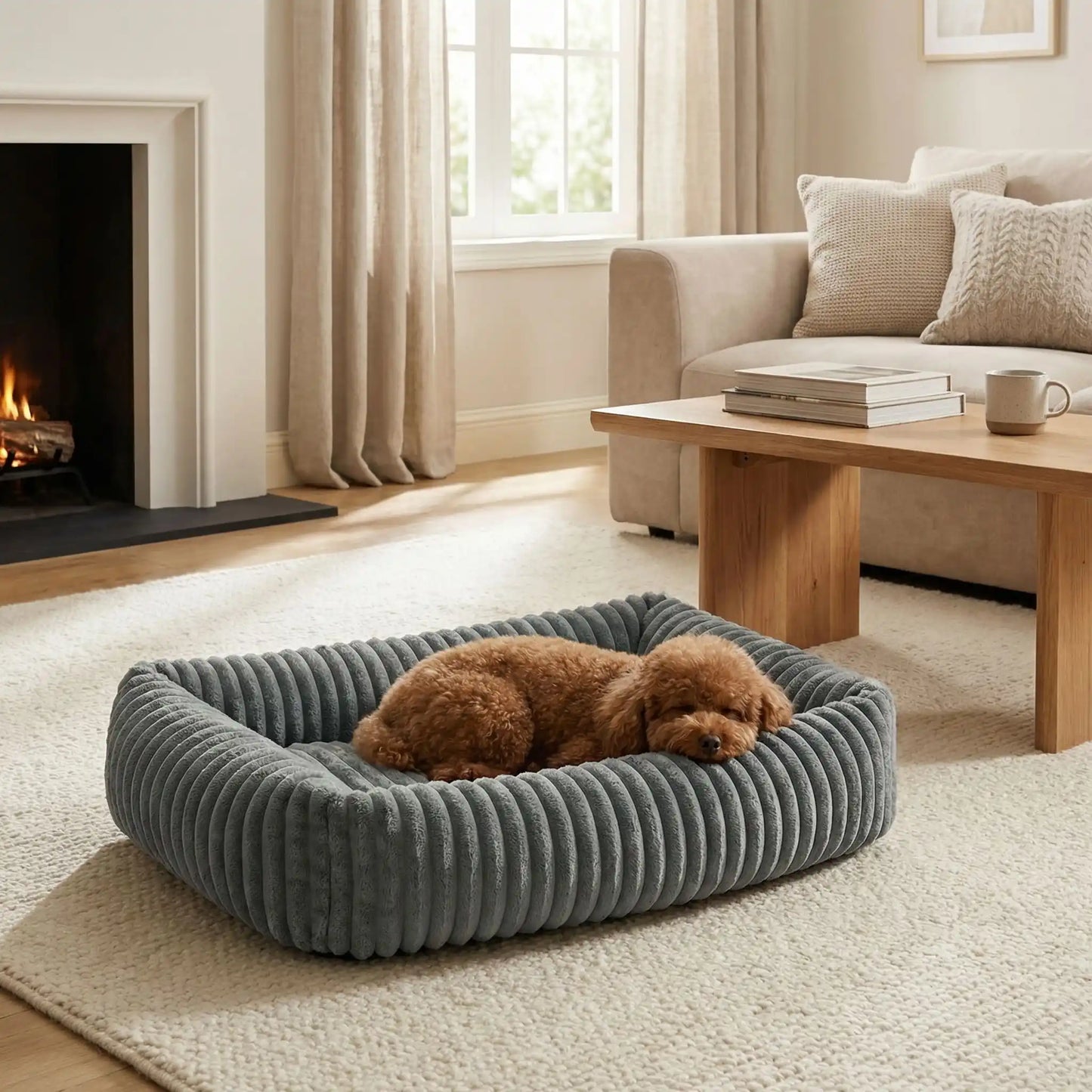 Panier-pour-chien-chiot-confort-velours, ergonomique avec son rembourrage 100% coton haute densité à mémoire de forme, lit chaud et apaisant, anti stress et anxiété avec son rebord surélevé sur 360° de forme rectangulaire, antidérapant et fond imperméable, lavable en machine-un caniche nain qui dort paisiblement couché sur son ventre, sa tête posée sur le rebord surélevé qui entoure tout son corps pour une chaleur conservée et apaisante comme un cocon dans le salon de l'appartement