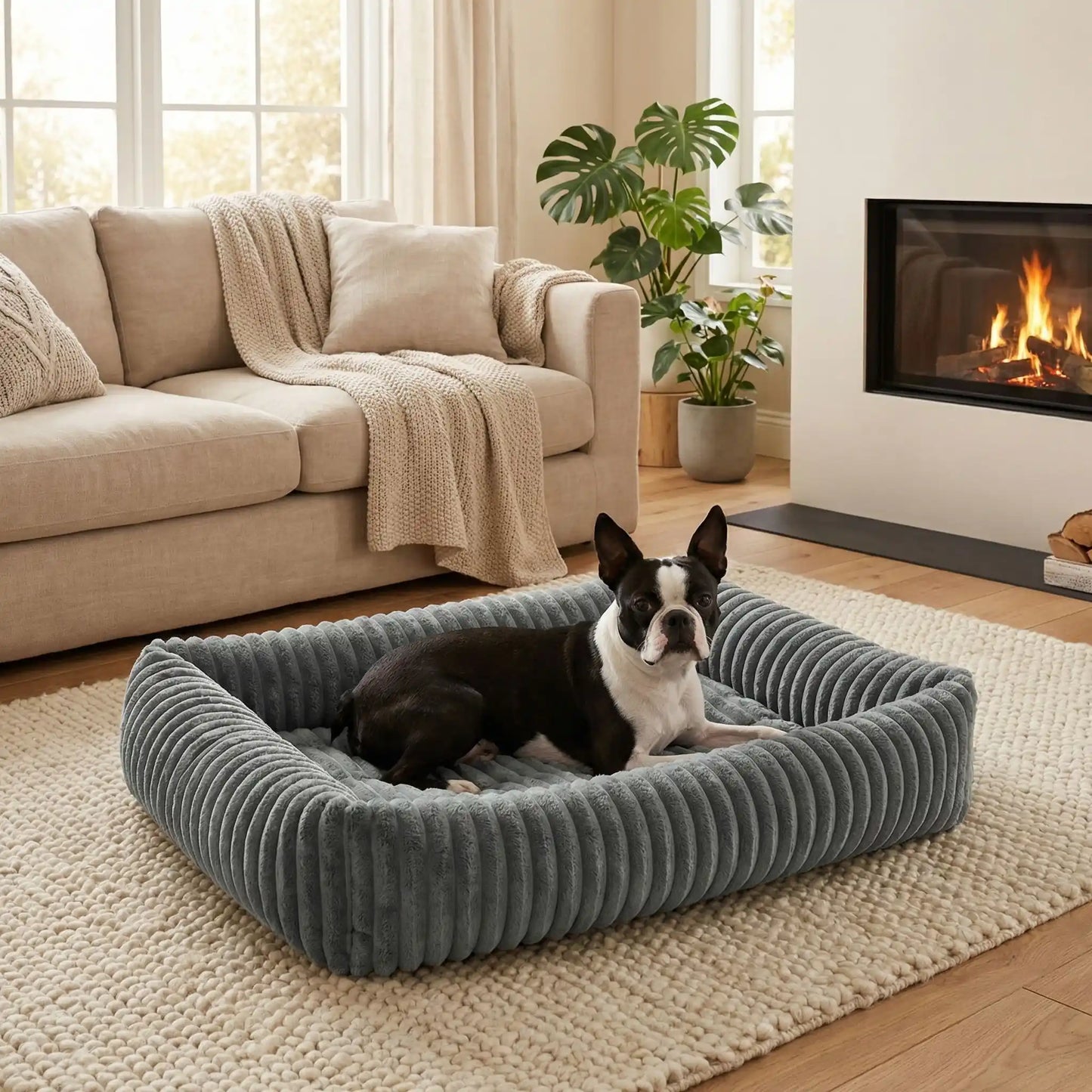 Panier-pour-chien-chiot-confort-velours, ergonomique avec son rembourrage 100% coton haute densité à mémoire de forme, lit chaud et apaisant, anti stress et anxiété avec son rebord surélevé sur 360° de forme rectangulaire, antidérapant et fond imperméable, lavable en machine-un Boston terrier couché et apaiser dans son coussin rectangulaire épais et moelleux, hypoallergénique pour les peaux sensibles et écoresponsable pour la planète de couleur gris dans le salon de la maison en hiver