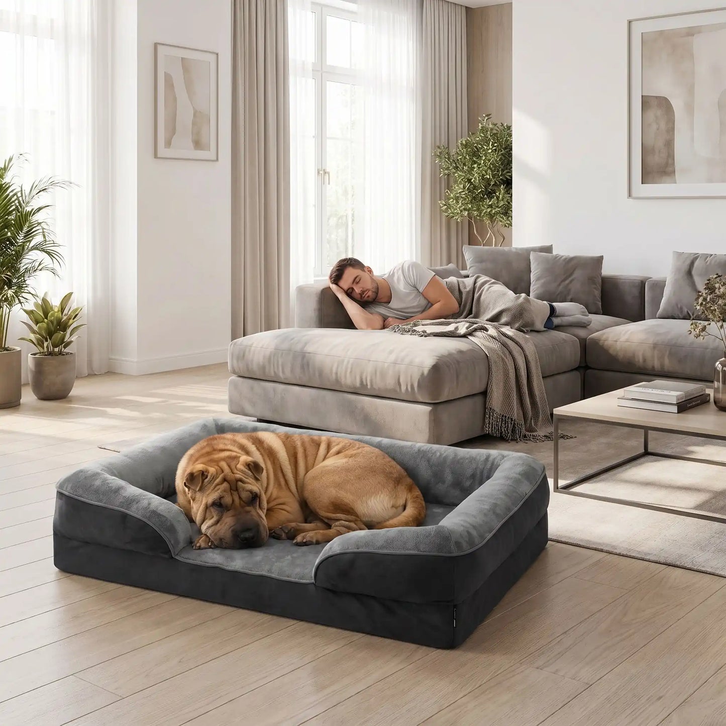Panier orthopédique pour chien et chiot de petite à grande taille déhoussable et lavable, imperméable et antidérapant avec haut rebord rembourré avec matelas à mémoire de forme, housse en peluche douce et tissu résistant et imperméable, en 4 tailles M, L, XL et XXL pour chiot et chien de 0 à 45 kilos maximum-un grand chien qui dort paisiblement , sa tête niché sur le rebord du panier design xxl confortable, épais,apaisant et entourant à 360° sécurisant de couleur gris dans le salon moderne de la maison