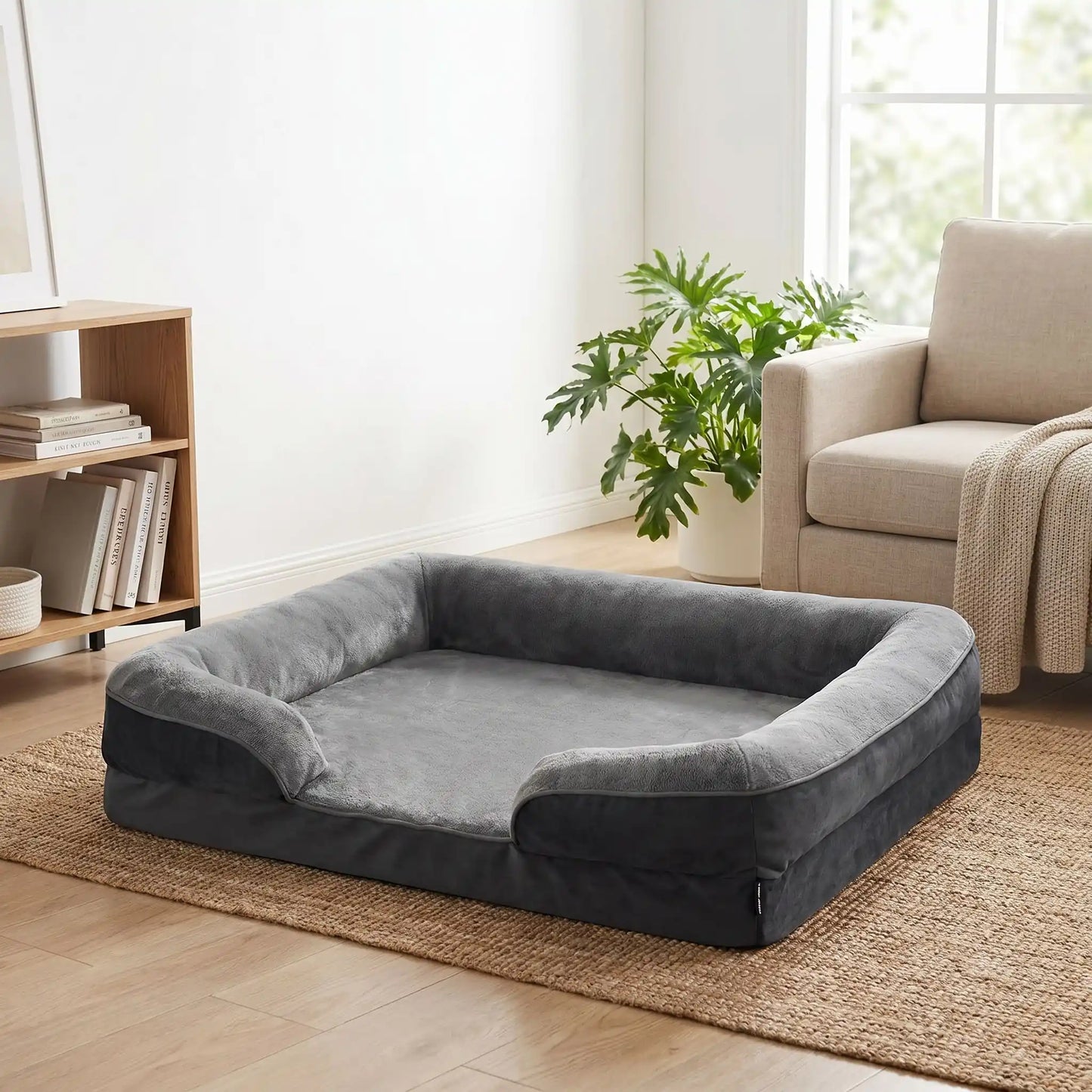 Panier orthopédique pour chien et chiot de petite à grande taille déhoussable et lavable, imperméable et antidérapant avec haut rebord rembourré avec matelas à mémoire de forme, housse en peluche douce et tissu résistant et imperméable, en 4 tailles M, L, XL et XXL pour chiot et chien de 0 à 45 kilos maximum-gros plansur le panier rectangulaire pour chiot et chien de petite, moyenne et grande taille avec fermeture éclair solide pour la housse en velours déhoussable de couleur gris avec rebords rembourrés 
