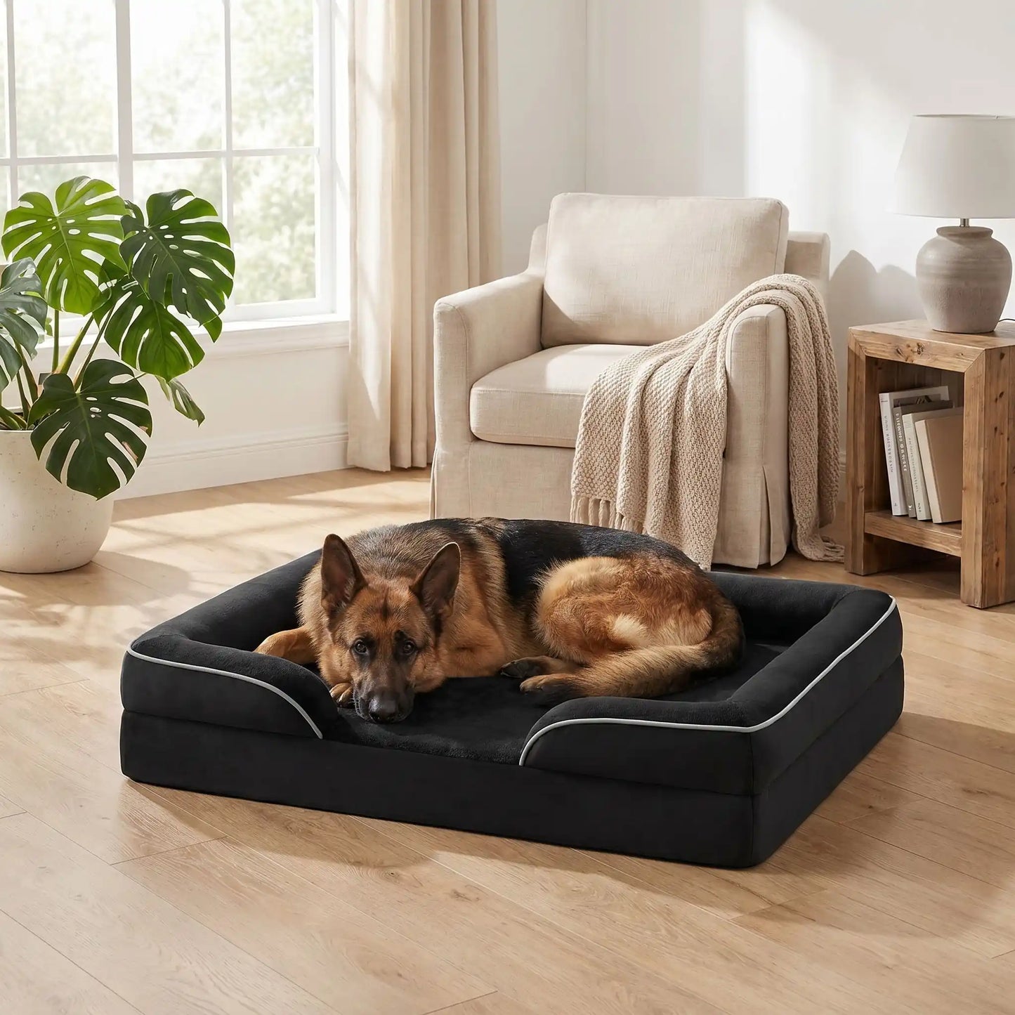 Panier orthopédique pour chien et chiot de petite à grande taille déhoussable et lavable, imperméable et antidérapant avec haut rebord rembourré avec matelas à mémoire de forme, housse en peluche douce et tissu résistant et imperméable, en 4 tailles M, L, XL et XXL pour chiot et chien de 0 à 45 kilos maximum-un grand chien qui se repose couché confortablement dans le panier xxl confortable, épais,apaisant et entourant à 360° sécurisant de couleur noir et liseret blanc dans le salon de la maison