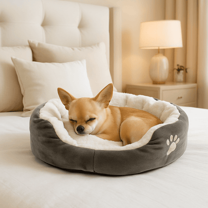 Panier-pour-chihuahua-coussin-intérieur amovible-lavable en machine-antidérapant avec rebords surélevés-lit rond chaud doux et épais ergonomique-rembourrage 100% coton haute densité et velours-un chihuahua qui dort paisiblement en boule dans son petit panier gris et blanc rond sur le lit de son maitre