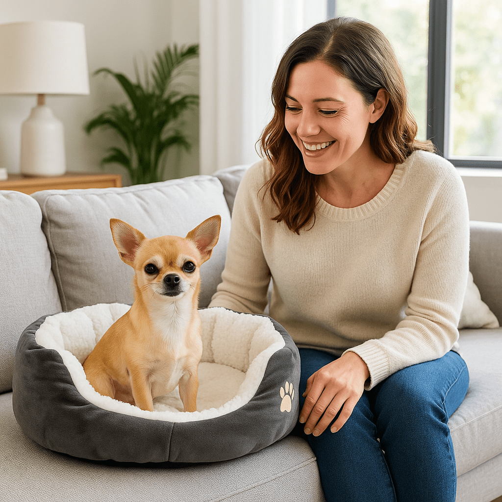 Panier-pour-chihuahua-coussin-intérieur amovible-lavable en machine-antidérapant avec rebords surélevés-lit rond chaud doux et épais ergonomique-rembourrage 100% coton haute densité et velours-un chihuahua heureux dans son petit panier gris et blanc rond sur canapé du salon avec sa maitresse assise à côté de lui, toute souriante 